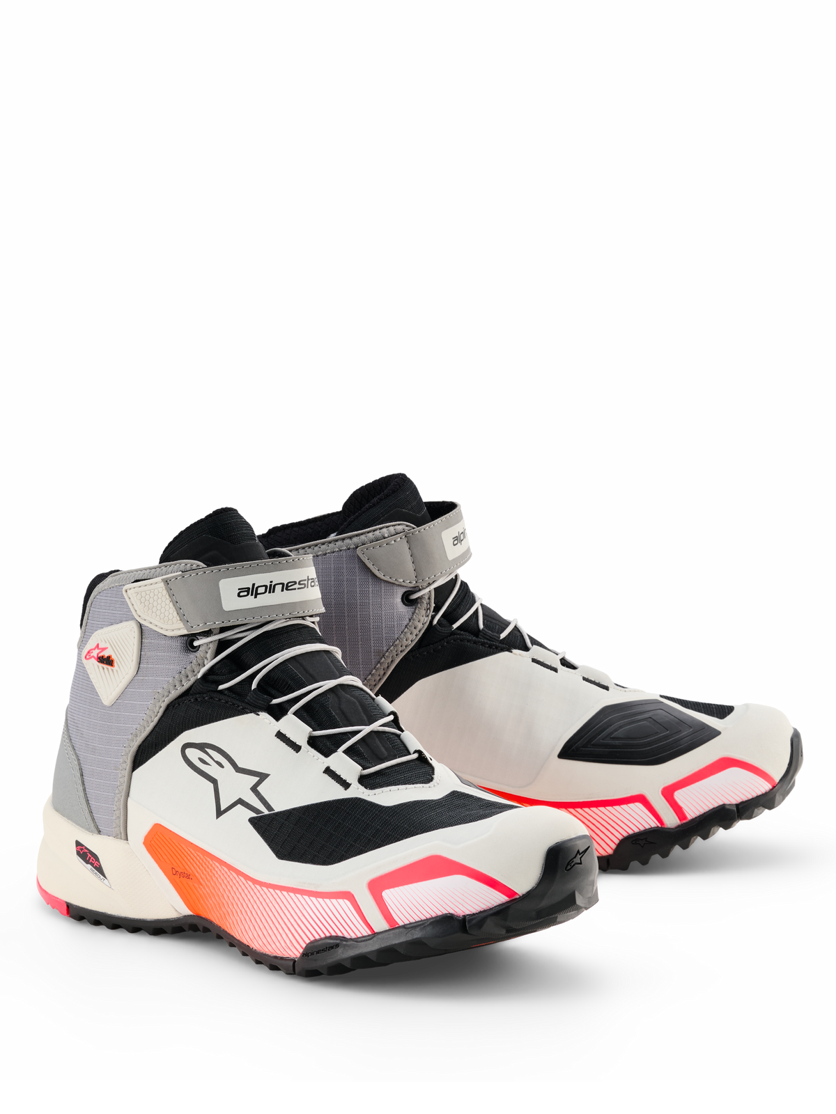 Alpinestars CR-X Drystar® dames motorschoenen, motorschoenen, wit, grijs, zwart en Diva Pink, slank atletisch silhouet met levendige roze kleurverloopaccenten, klittenbandsluiting bij de enkels en Astar-logo op de zijkant, waterdicht beschermend schoeisel voor op de weg