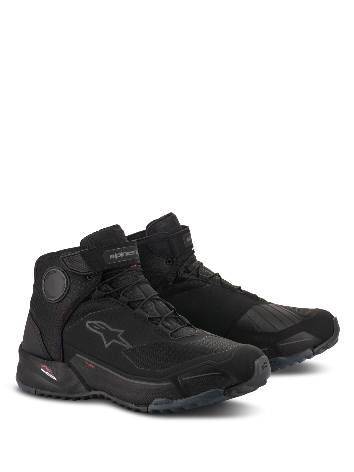 Alpinestars CR-X Drystar® motorschoenen, waterdichte motorschoenen, zwart, sportief ontwerp met de pasvorm van een hardloopschoen, voorzien van interne enkelschijven, schakelversteviging en een robuuste rubberen buitenzool voor stedelijk rijcomfort en loopgemak