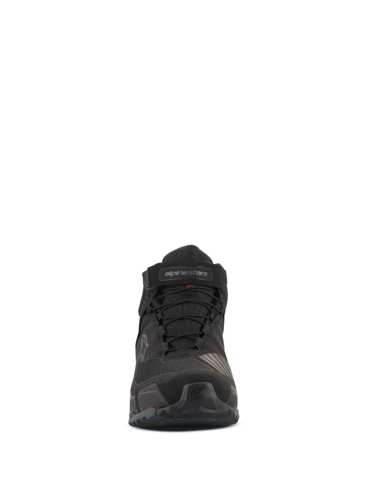 Alpinestars CR-X Drystar® motorschoenen, vooraanzicht, volledig zwart, waterdichte motorschoenen met veters en klittenband enkelband, sportief op hardloopschoenen geïnspireerd ontwerp