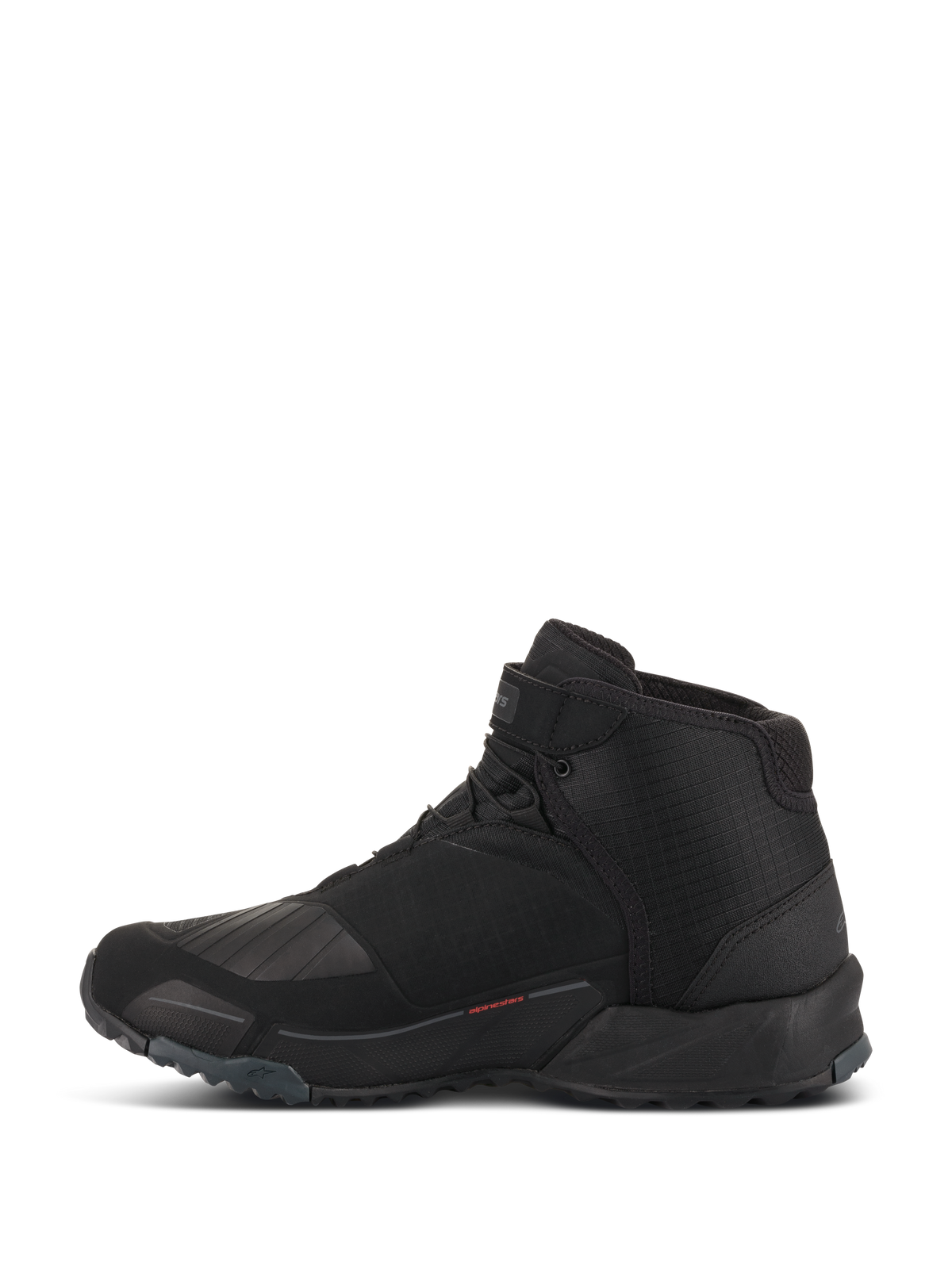 Alpinestars CR-X Drystar motorrijschoenen, motorschoenen, zwart, zijaanzicht, hoog model met het silhouet van een hardloopschoen, voorzien van een versterkte TPU-schakelzone, profielzool voor grip en waterdichte constructie voor stads- en wegritten.