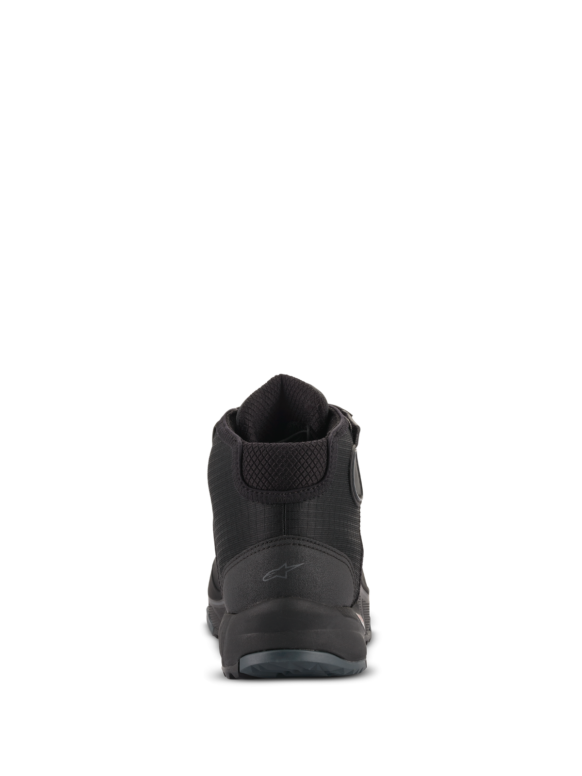 Alpinestars CR-X Drystar® motorschoenen, achteraanzicht, zwart, met een subtiel Astars-logo op de hiel, gewatteerde enkelkraag en getextureerde hielkap, waterdichte motorschoenen voor weg- en stadsgebruik