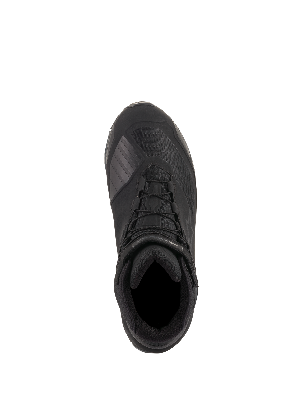 Alpinestars CR-X Drystar® Riding Shoes, zwart, bovenaanzicht met technische textielconstructie, geïntegreerde veters met enkelband en beschermende TPU-schakelzone, waterdicht motorschoeisel ontworpen voor comfort de hele dag door.
