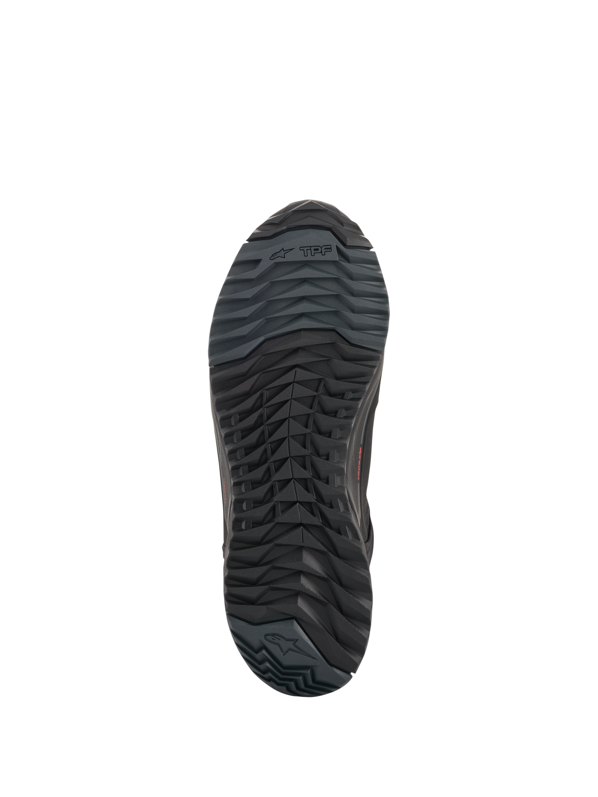 Alpinestars CR-X Drystar® rijschoenen, motorschoenen, zwart, onderaanzicht van de buitenzool met asymmetrische noppenconfiguratie, oliebestendige rubbersamenstelling en Alpinestars-branding.