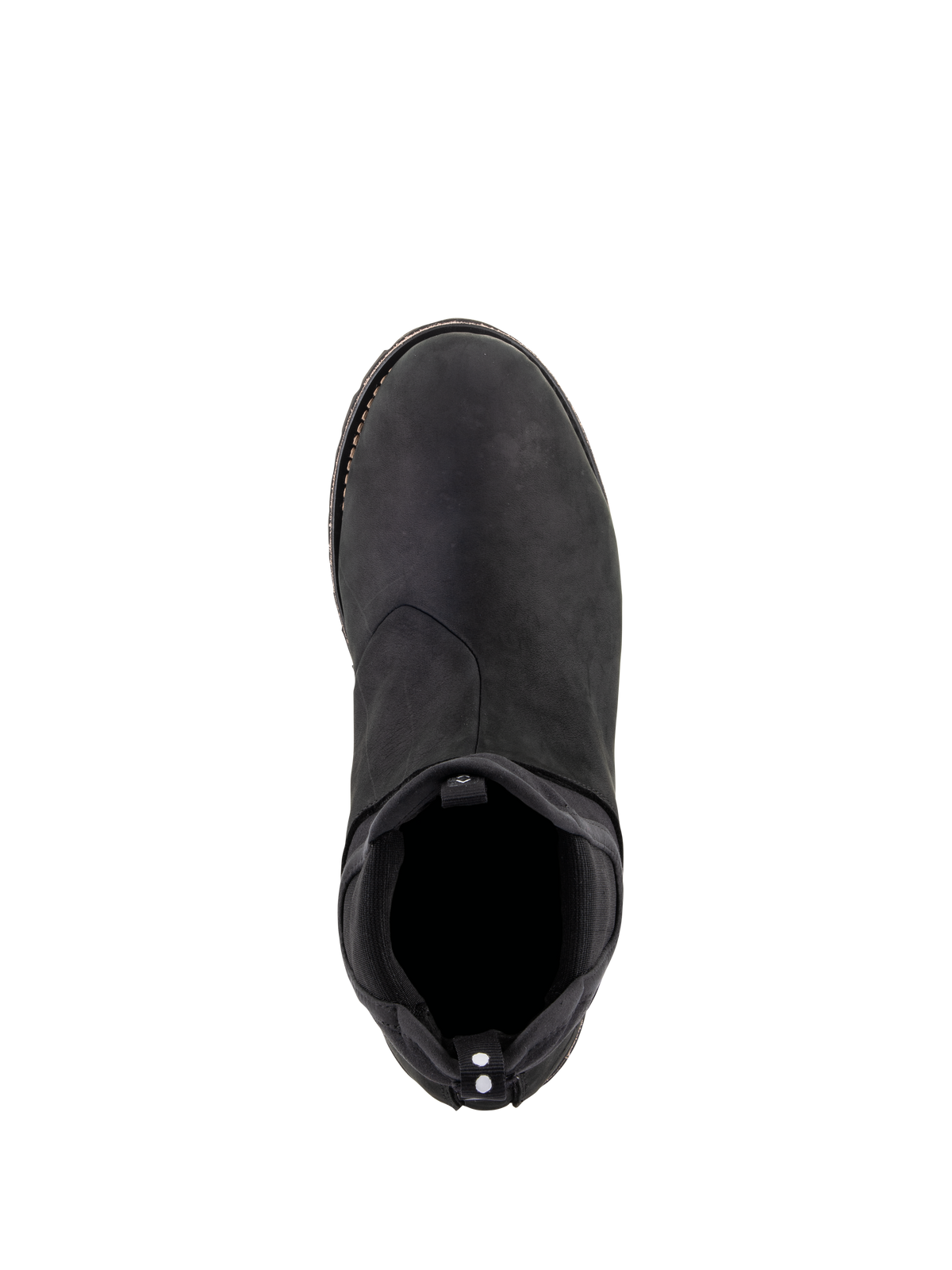 Alpinestars Turnstone Schoenen, Zwart Zwart, bovenaanzicht van een runderleren urban motorschoen met een elastische instap in Chelsea-stijl en een treklus met witte stippen aan de achterzijde, minimalistisch beschermend schoeisel voor weggebruik.