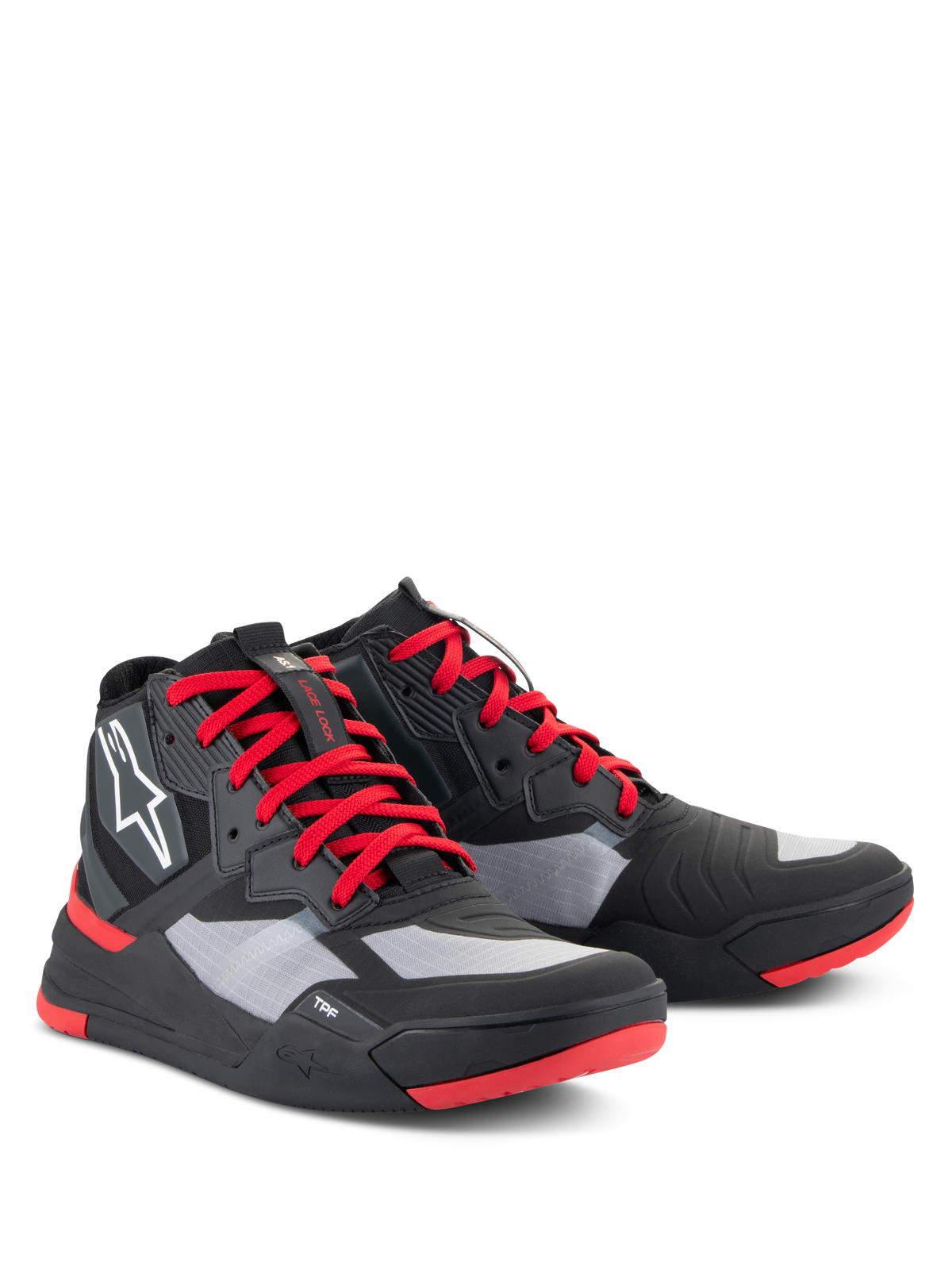 Alpinestars Speedflight schoenen, performance motorschoenen, zwart, felrood en wit, met een ripstop bovenwerk en grijze panelen, rode veters en zoolaccenten, wit Astars-logo op de zijkant, sportief motorsneaker-ontwerp
