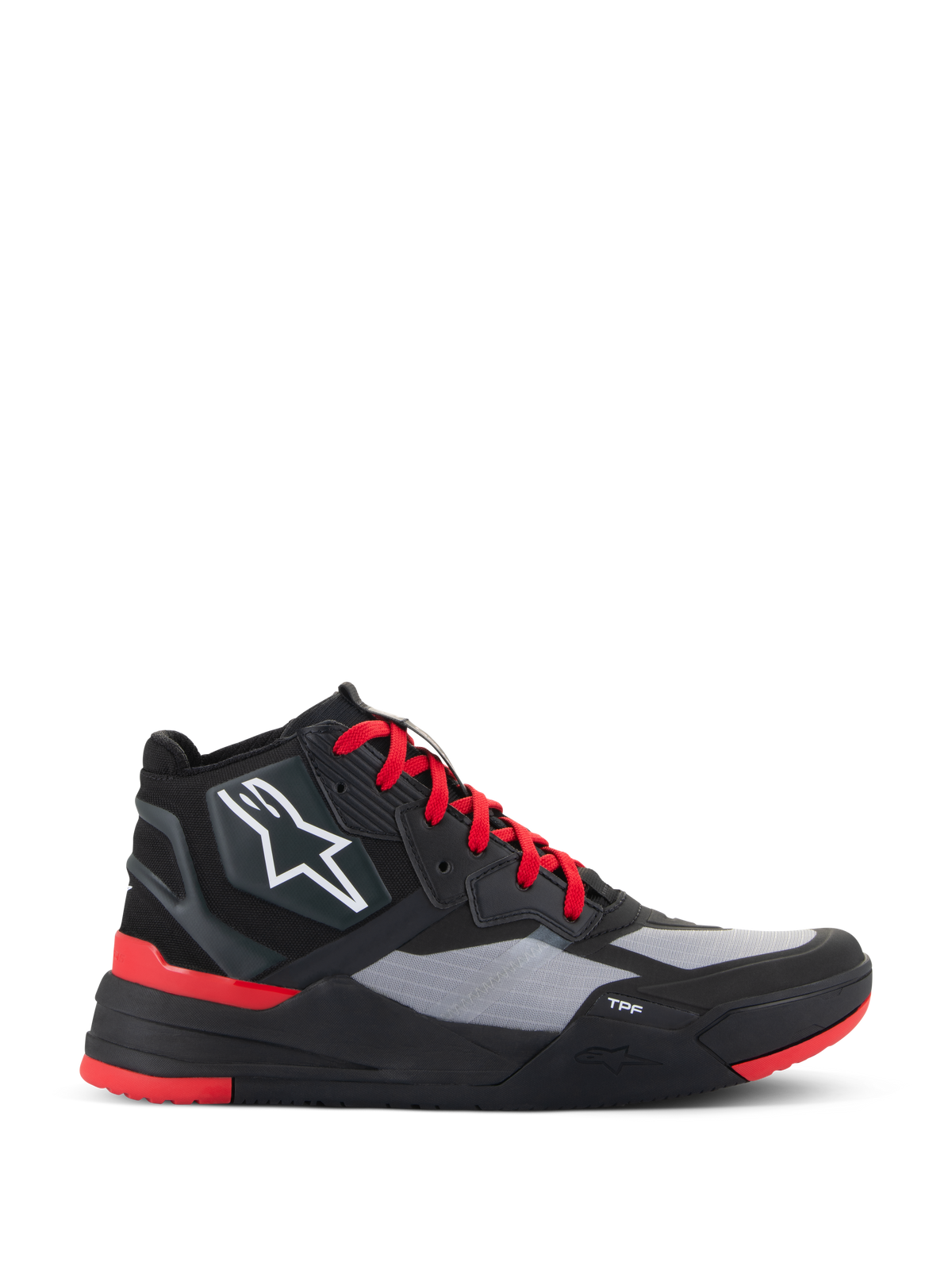 Alpinestars Speedflight Shoes, hoge motorsneakers, zwart en felrood met grijze panelen, voorzien van wit sterlogo, rode veters en sportief urban design met TPF-tussenzool