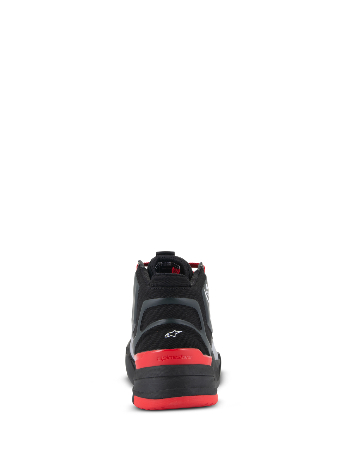 Alpinestars Speedflight schoenen, performance motorschoenen, zwart, felrood en wit, achteraanzicht met gegoten hielstuk met klein wit Astar-logo, rode hielkap met Alpinestars-tekst en performance ripstop bovenwerk