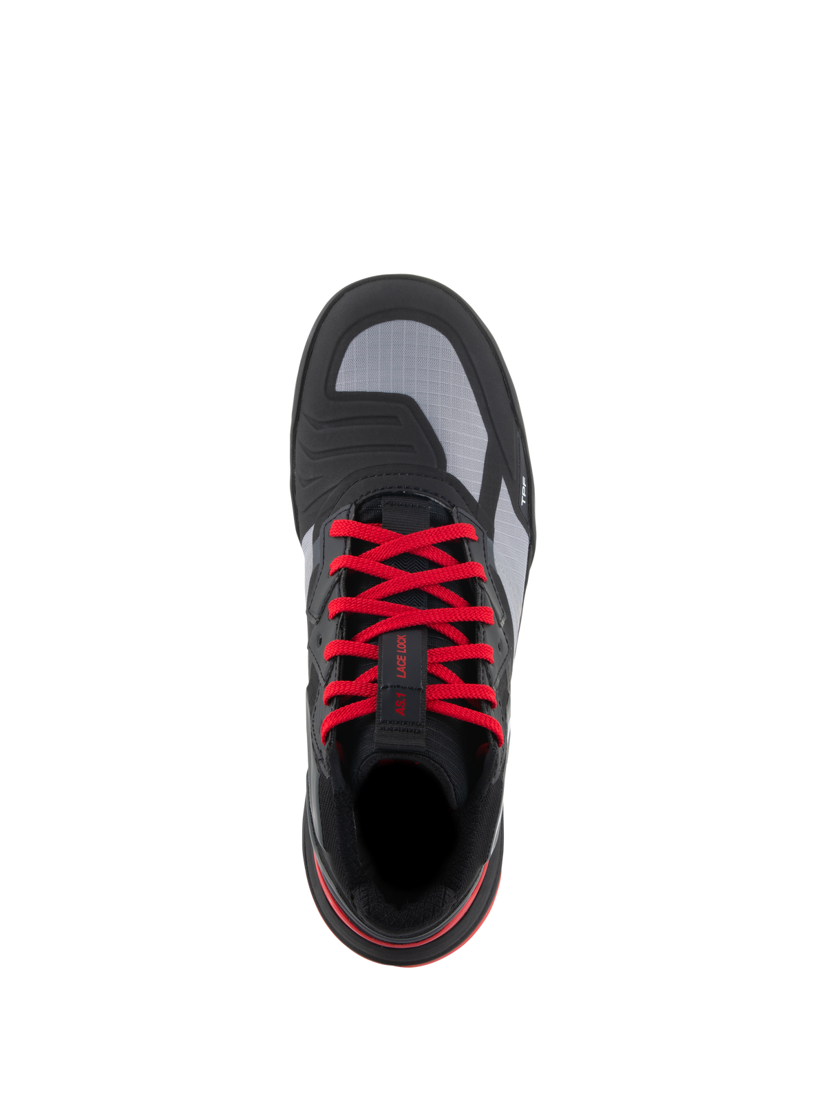 Alpinestars Speedflight schoenen, performance motorschoenen, zwart, felrood en wit, bovenaanzicht met opvallende rode veters, grijze ripstop bovenpanelen en geïntegreerd schakelvlak, urban motorschoenen.