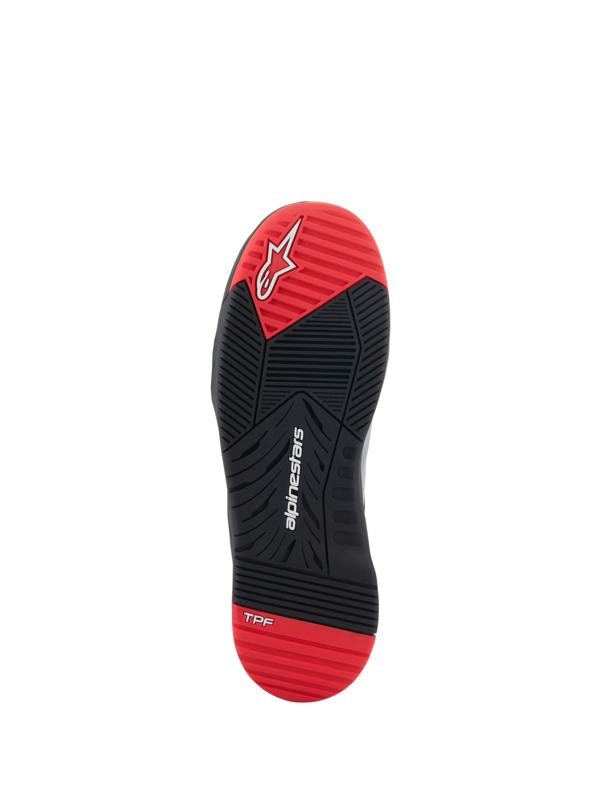 Alpinestars Speedflight schoenen, motorschoenen, zicht op de onderkant van de zool, zwart en felrood, voorzien van wit Alpinestars-logo en TPF-branding, dual-density rubberen buitenzool met multidirectioneel grippatroon