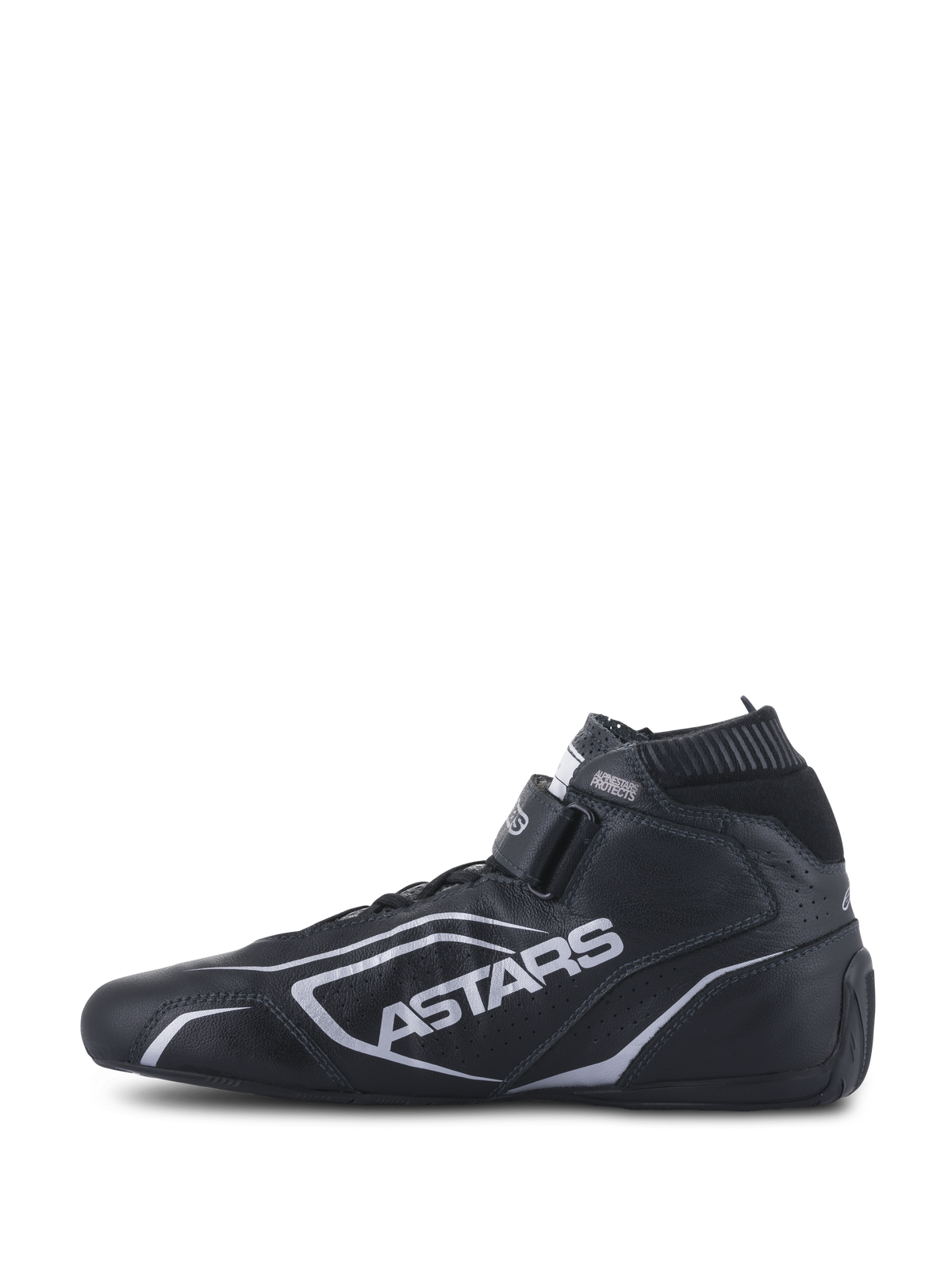 Alpinestars Tech-1 T V3 Schoenen FIA, autosport schoenen, zwart en zilver, zijaanzicht, volledige constructie van runderleer met zilveren ASTARS-branding, verstelbare klittenbandsluiting en elastische brandwerende kraag.