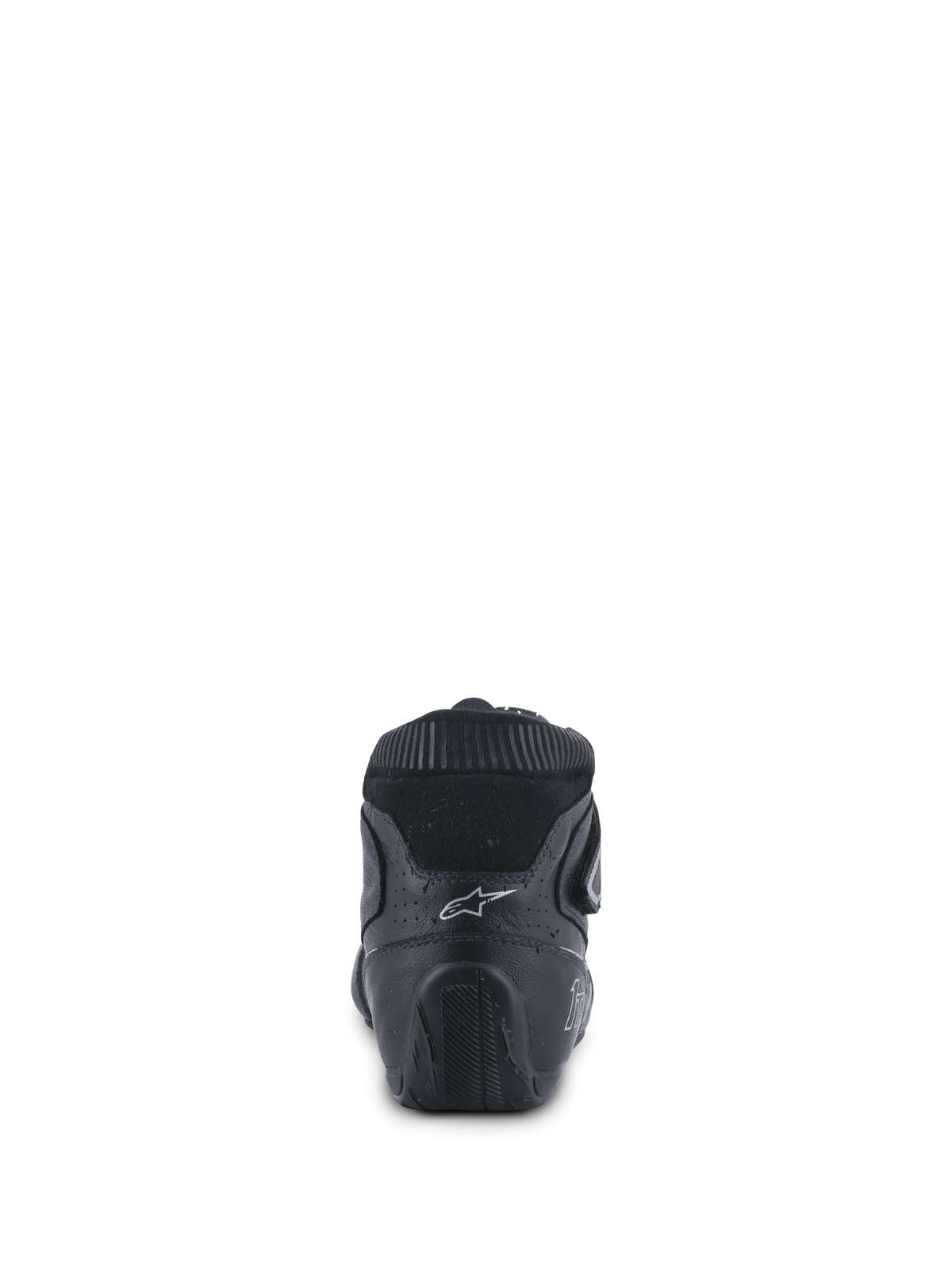 Alpinestars Tech-1 T V3 FIA schoenen, autorenschoenen, zwart en zilver, achteraanzicht met de ergonomische hielkap, wit Astars-logo en getextureerde rubberen zool ontworpen voor pedaalcontrole.