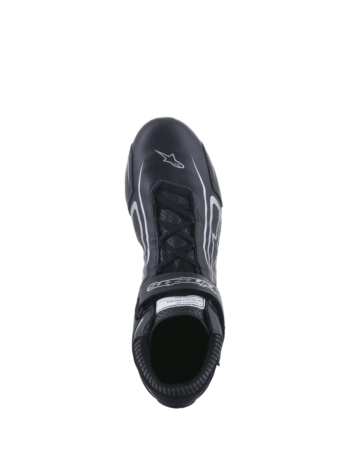 Alpinestars Tech-1 T V3 FIA-schoenen, autoraceschoenen, zwart en zilver, bovenaanzicht met vetersysteem en merk-klittenbandsluiting, volnerf rundleer met wit sterlogo op de neus, professioneel motorsportschoeisel.