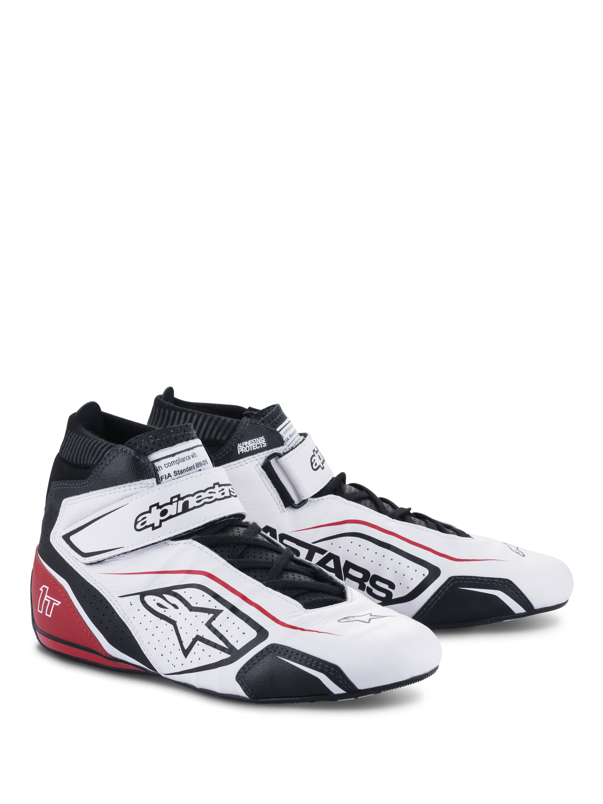 Alpinestars Tech-1 T V3 FIA-schoenen, autosportschoenen, wit met zwarte en rode accenten, volnerf lederen bovenwerk, verstelbare klittenband enkelband, geperforeerde zijpanelen met Astars-logo, professioneel race-ontwerp