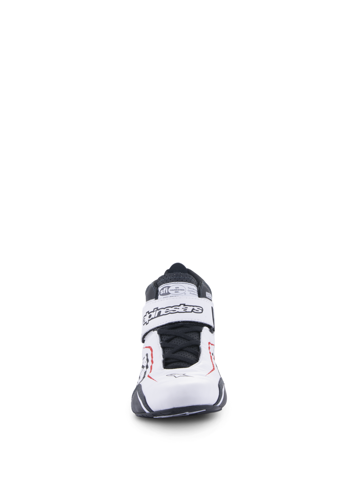 Alpinestars Tech-1 T V3 schoenen, autosportschoenen, wit, zwart en rood, vooraanzicht met klittenbandsluiting voorzien van Alpinestars-branding, zwarte veters en SFI-certificeringslabel op de tong