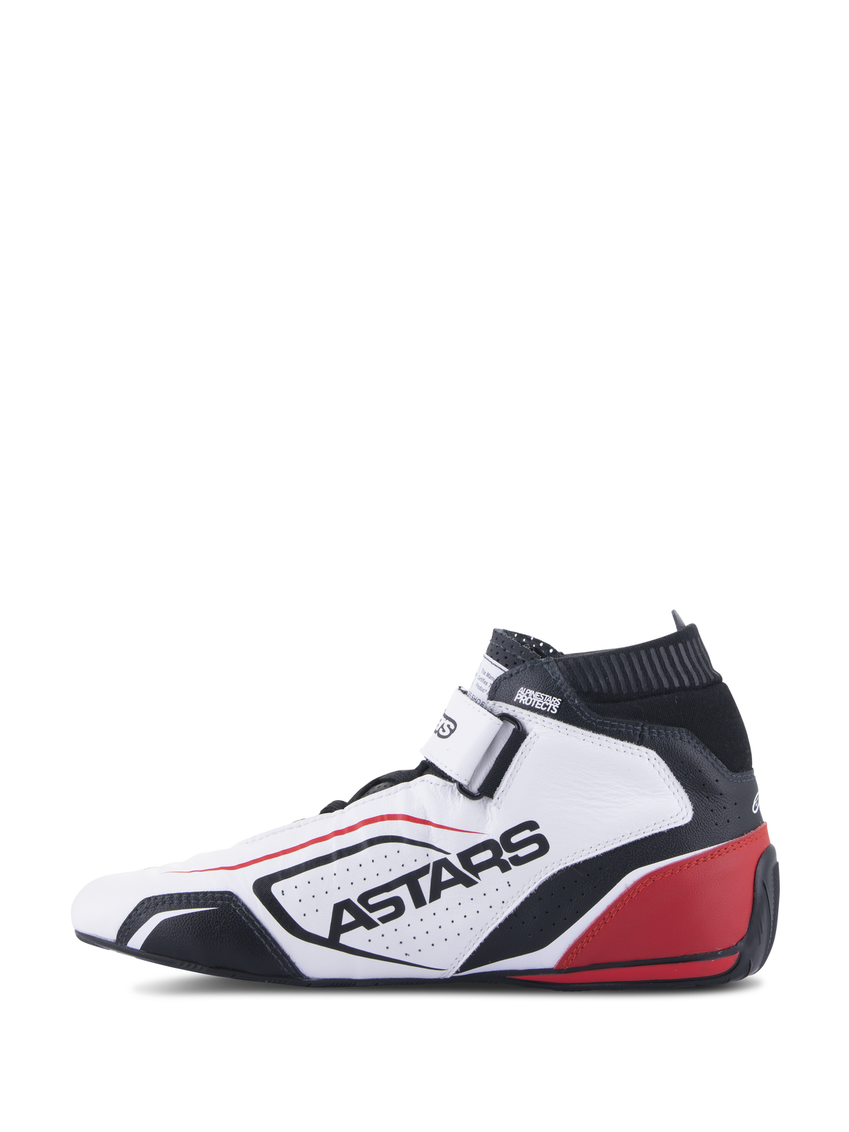 Alpinestars Tech-1 T V3 schoenen FIA, professionele autoraceschoenen, wit, zwart en rood, zijaanzicht met ASTARS-branding op geperforeerd leer, zwarte brandvrije kraag en rode hielaccenten, performance autosportontwerp