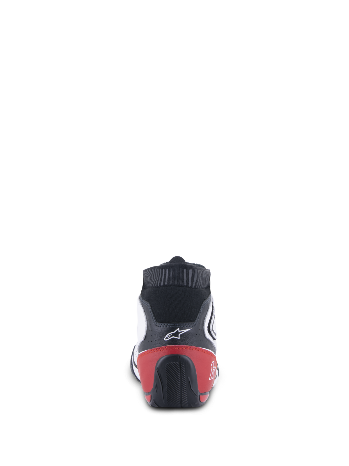 Alpinestars Tech-1 T V3 FIA schoenen, autosport schoenen, wit zwart en rood, achteraanzicht met de rode hielkap en zwarte loopzool met textuur, wit Alpinestars logo op het zwarte leren bovenwerk