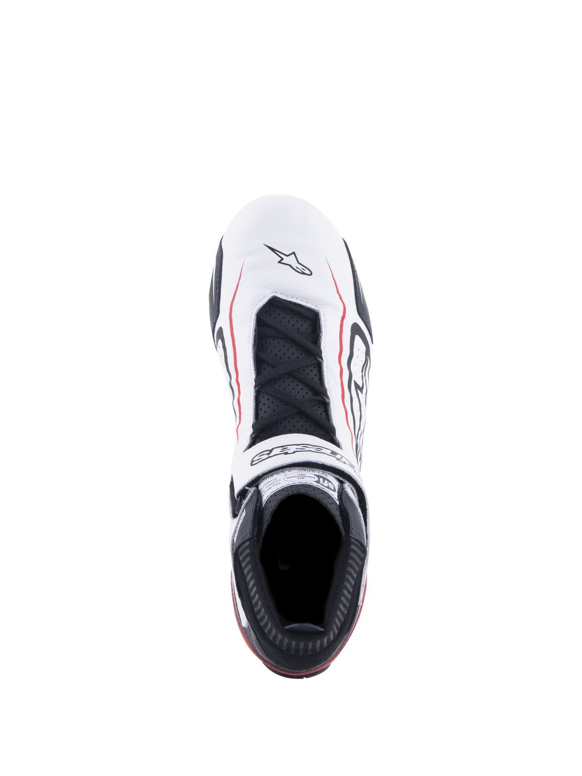 Alpinestars Tech-1 T V3 Schoenen FIA, autosportschoenen, wit, zwart en rood, bovenaanzicht met wit lederen bovenwerk met rode accentlijnen, zwarte veters, klittenbandsluiting met merknaam en SFI-certificeringslabel op de tong