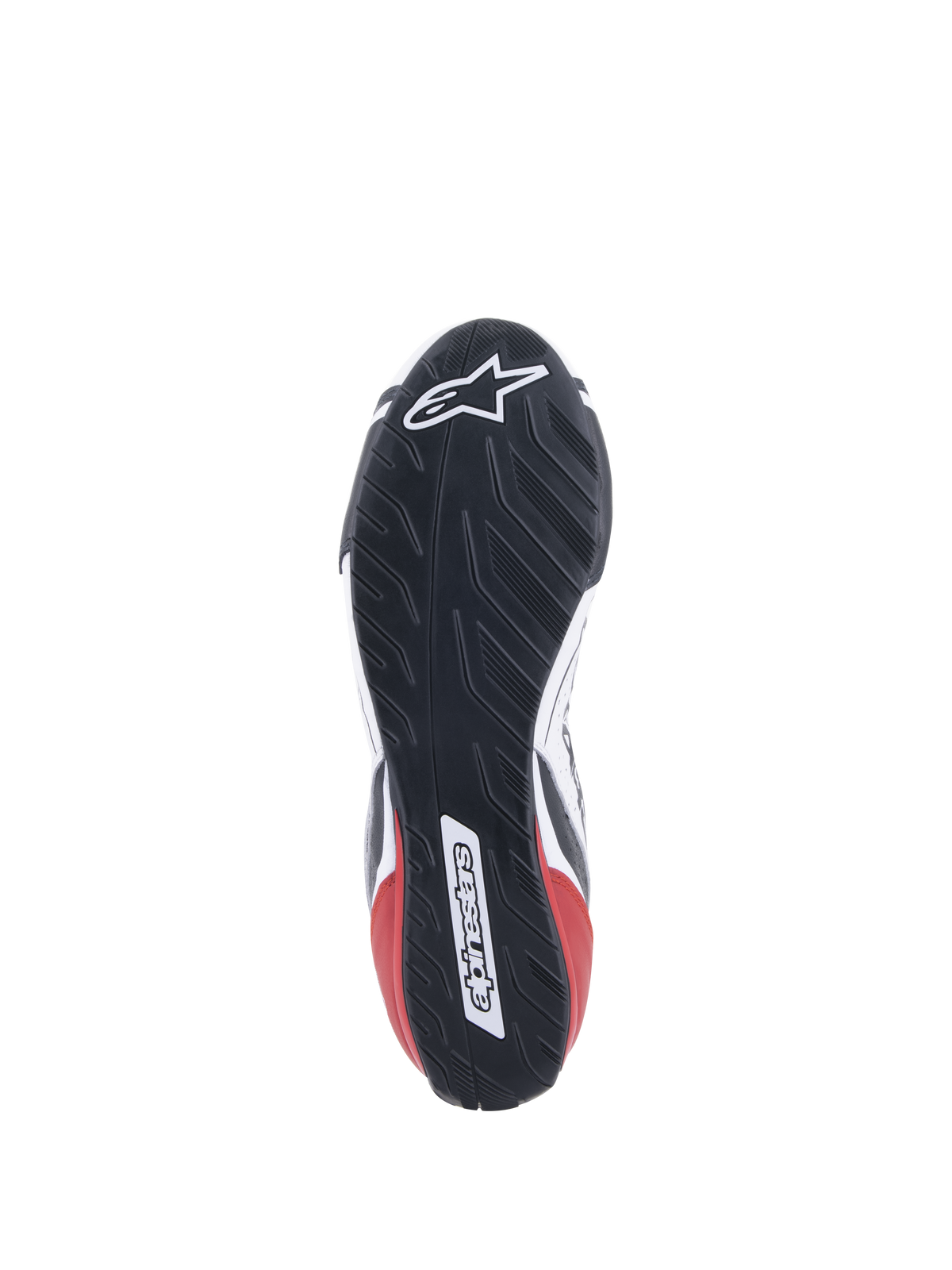 Alpinestars Tech-1 T V3 schoenen FIA, autoraceschoenen, wit, zwart en rood, detailopname van de asymmetrische rubberen zool geïnspireerd op een bandenprofiel, voorzien van het Alpinestars-logo en woordmerk, oliebestendig en waterafstotend ontwerp van de buitenzool