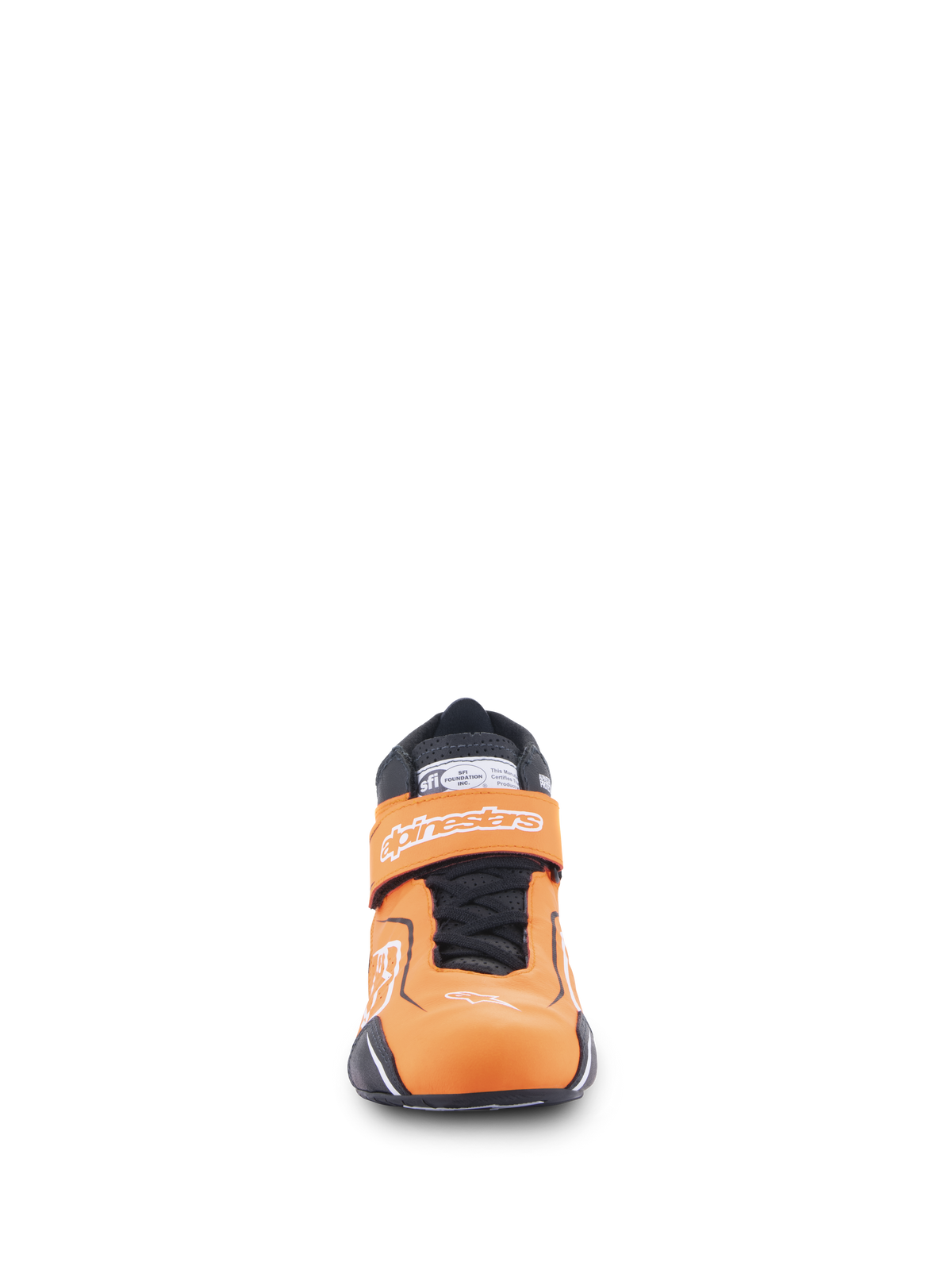 Alpinestars Tech-1 T V3 Schoenen FIA, autoraceschoenen, fluo oranje zwart en wit, vooraanzicht met klittenbandsluiting met Alpinestars-branding, zwarte veters en SFI-certificeringslabel op de tong