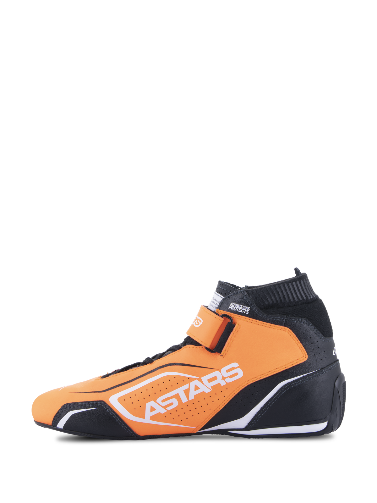 Alpinestars Tech-1 T V3 FIA-schoenen, autoraceschoenen, fluoranje, zwart en wit, zijaanzicht, vervaardigd uit runderleer, met klittenbandsluiting bij de enkel en witte Astars-branding.