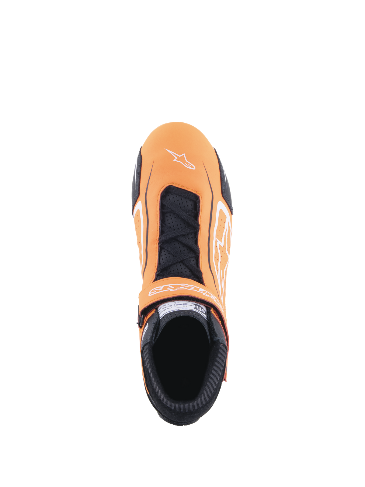 Alpinestars Tech-1 T V3 schoenen, autosportschoenen, oranje fluo, zwart en wit, bovenaanzicht met vetersluiting en klittenbandsluiting, wit Alpinestars-logo op de neus, geperforeerde lederen panelen en zwarte brandwerende kraag