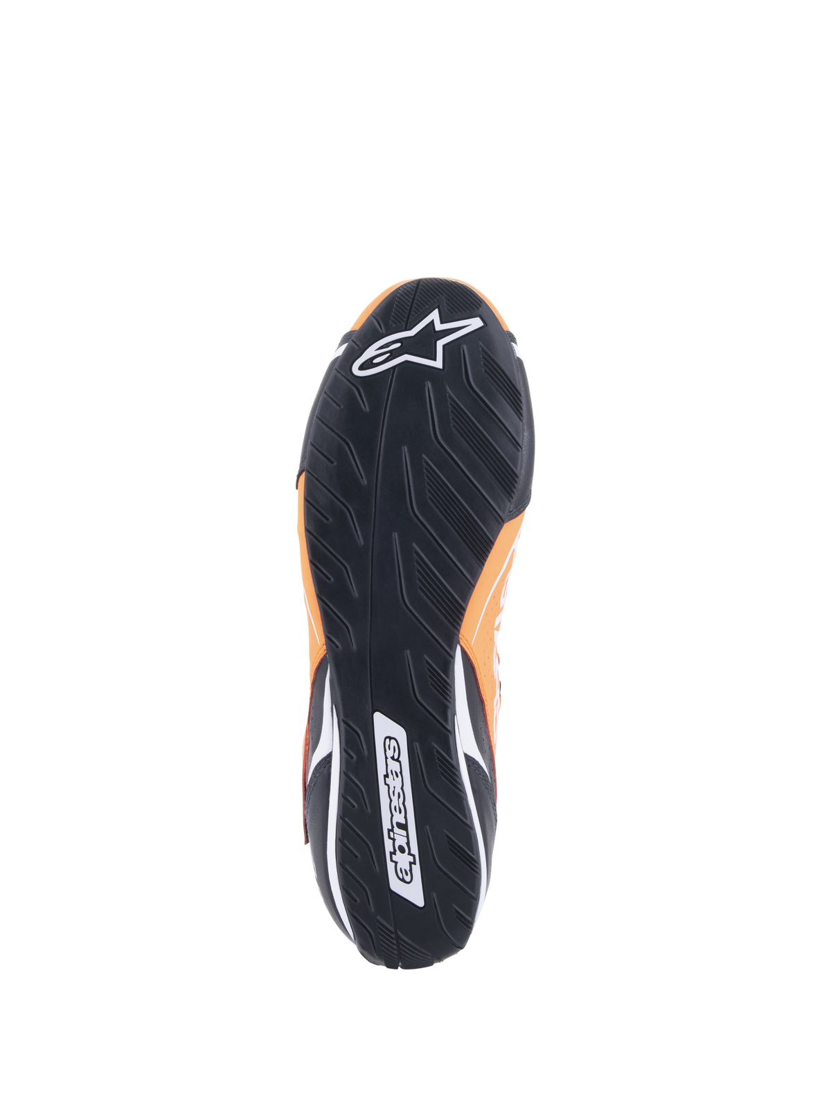 Alpinestars Tech-1 T V3 Schoenen FIA, Oranje Fluo Zwart Wit, onderaanzicht van de zwarte rubberen buitenzool met asymmetrisch profiel, wit Alpinestars-logo op de neus en woordmerk op de hiel.