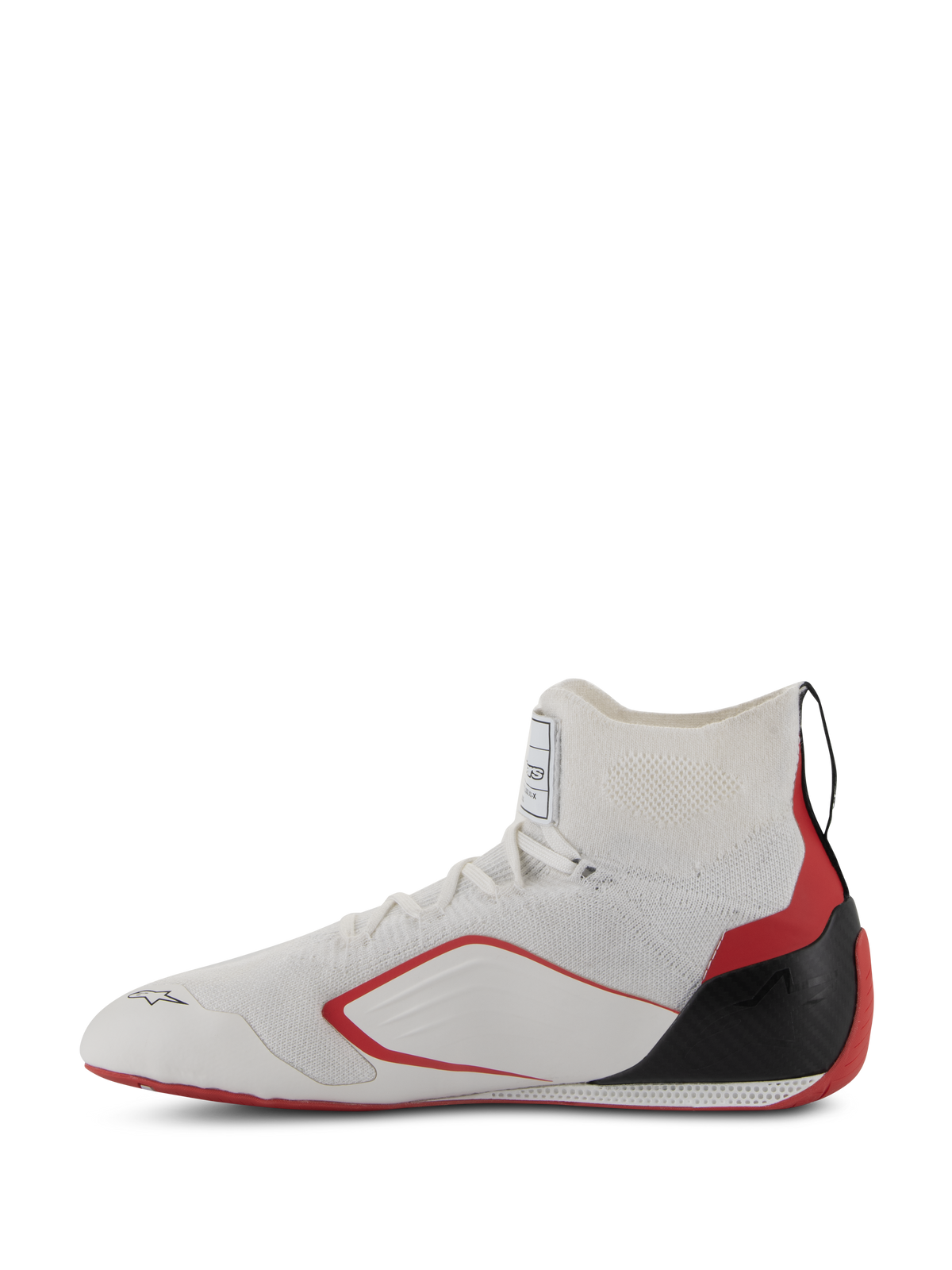 Alpinestars Supertech schoenen - FIA/SFI, autosportschoenen, wit, rood en zwart, zijaanzicht met de gebreide bovenconstructie, rode accenten aan de zijkant en zwarte carbon hielkap