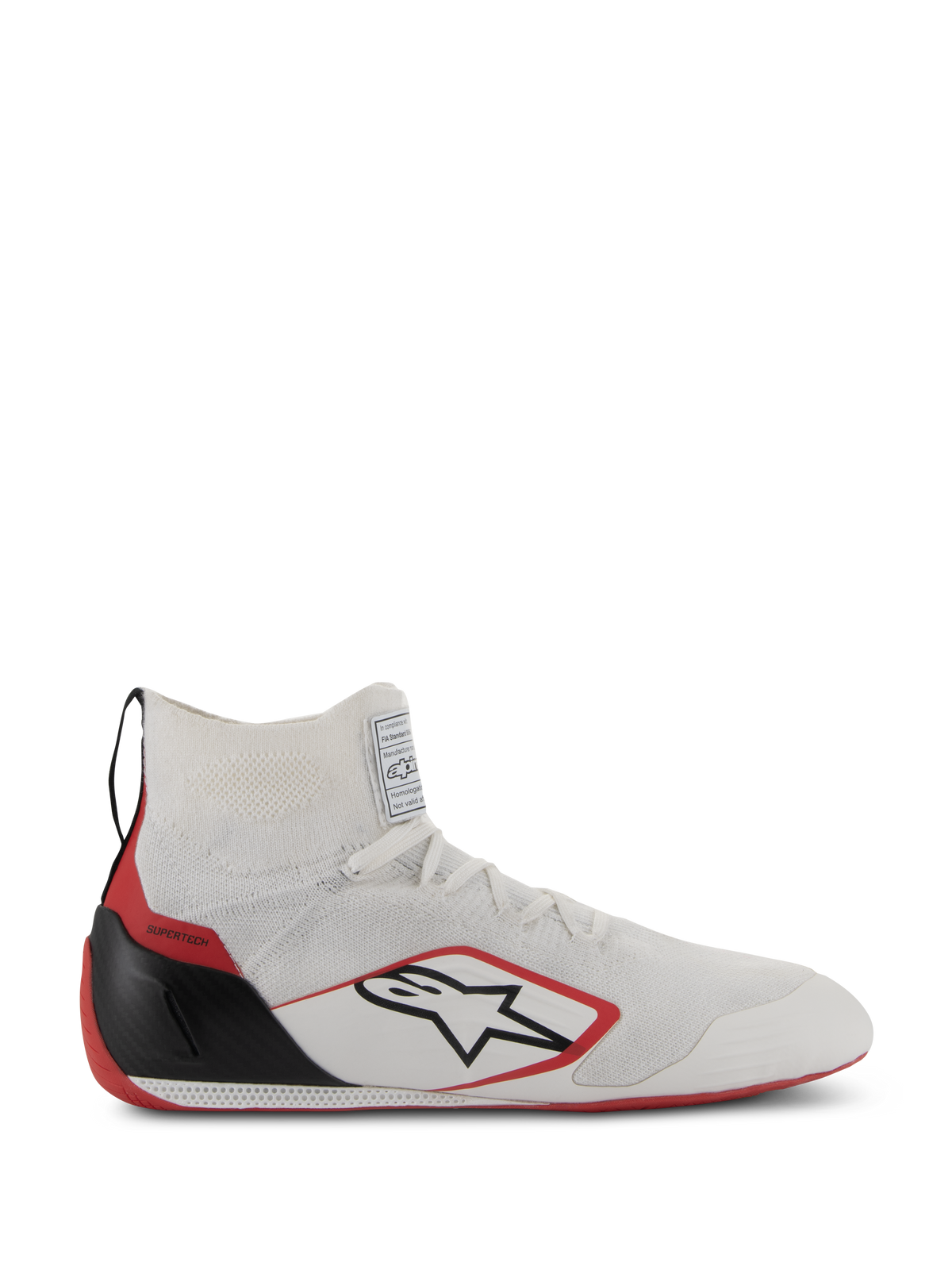 Alpinestars Supertech schoenen, FIA/SFI-gecertificeerd autosportschoeisel, wit met rode en zwarte accenten, met een gebreid bovenwerk, carbonfiber hielkap en rode buitenzool, strak hoog ontwerp voor professionele autosport