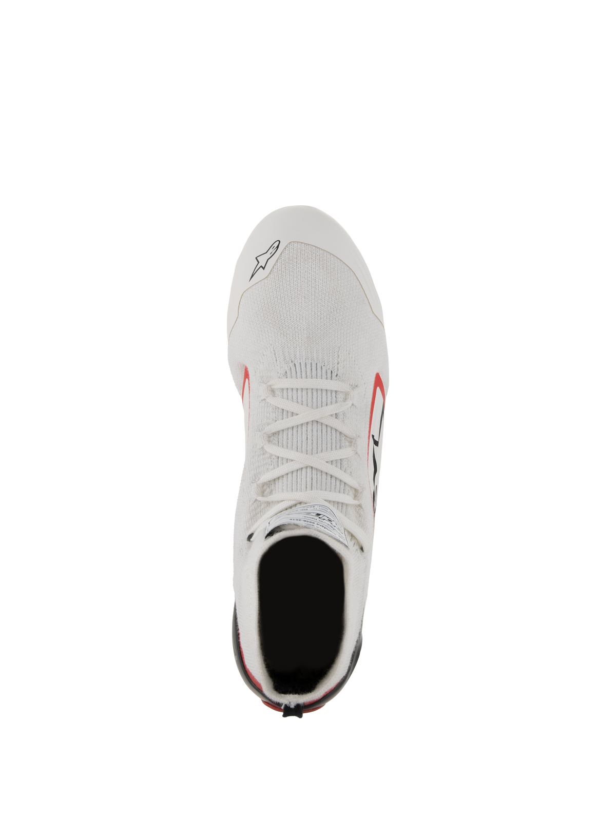 Alpinestars Supertech schoenen, autosportschoenen, wit, rood en zwart, bovenaanzicht met het gebreide aramidevezel bovenwerk, witte veters en carbon hielvergrendeling, professioneel autosportschoeisel