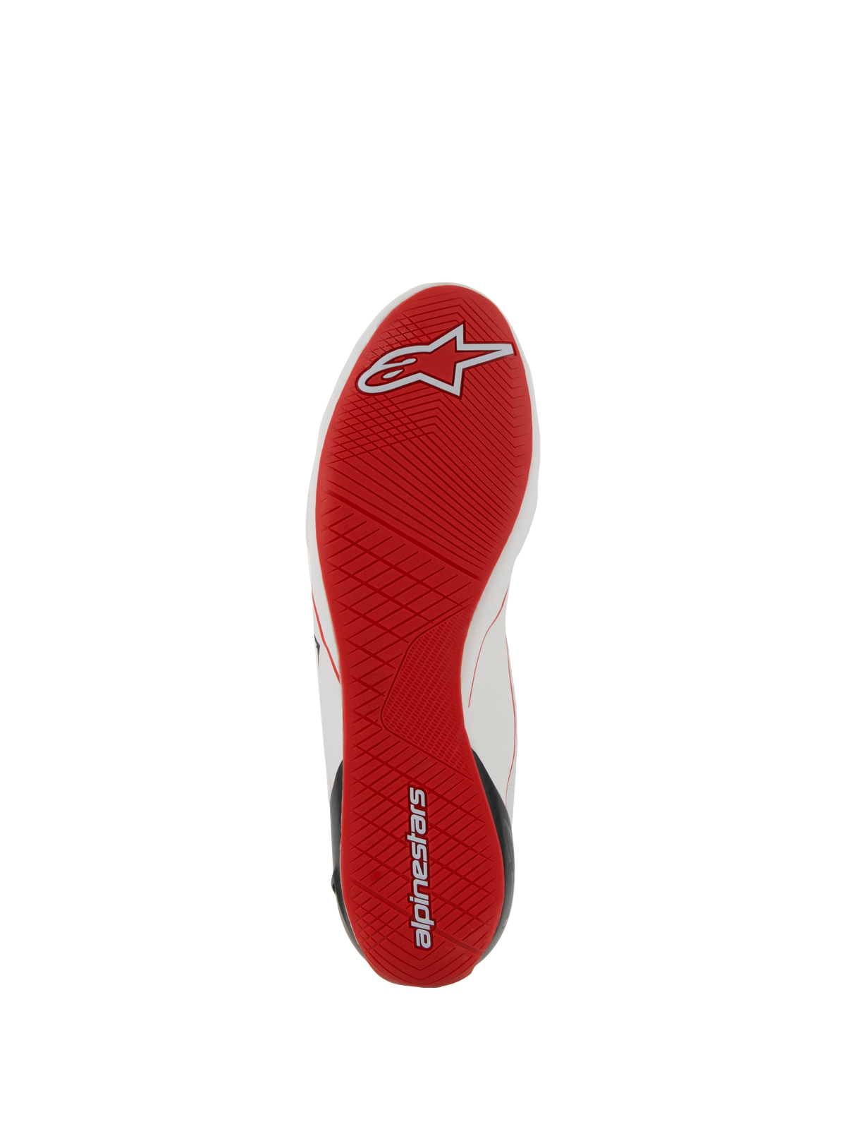 Alpinestars Supertech schoenen, autosport schoeisel, zicht op de rode buitenzool, ultradunne rubberen zool met asymmetrisch profiel, wit-rode logodetails, professionele raceschoenen voor optimale pedaalgevoeligheid.