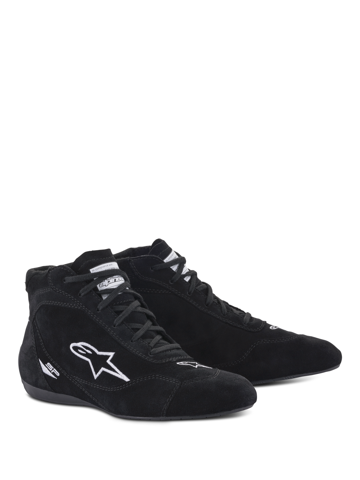 Alpinestars SP V2 schoenen, autoraceschoenen, zwart, hoog suède ontwerp met wit geborduurd sterlogo en SP-branding, dunne F1-specificatiezool voor nauwkeurig pedaalgevoel, professioneel motorsportschoeisel