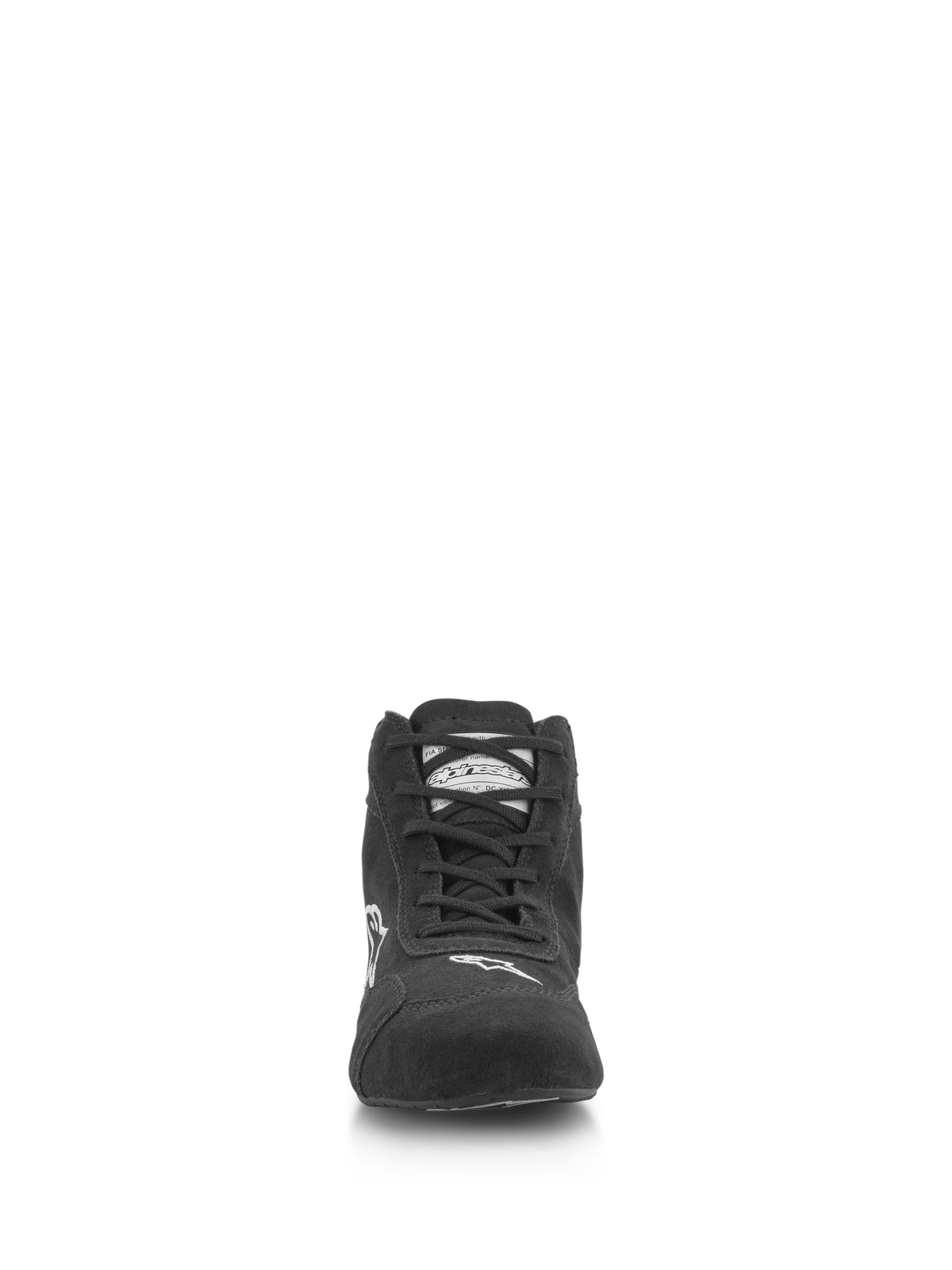 Alpinestars SP V2 schoenen, autoraceschoenen, zwart, vooraanzicht met premium suède bovenwerk, asymmetrisch vetersysteem, wit Alpinestars-logo op de neus, professioneel motorsportschoeisel