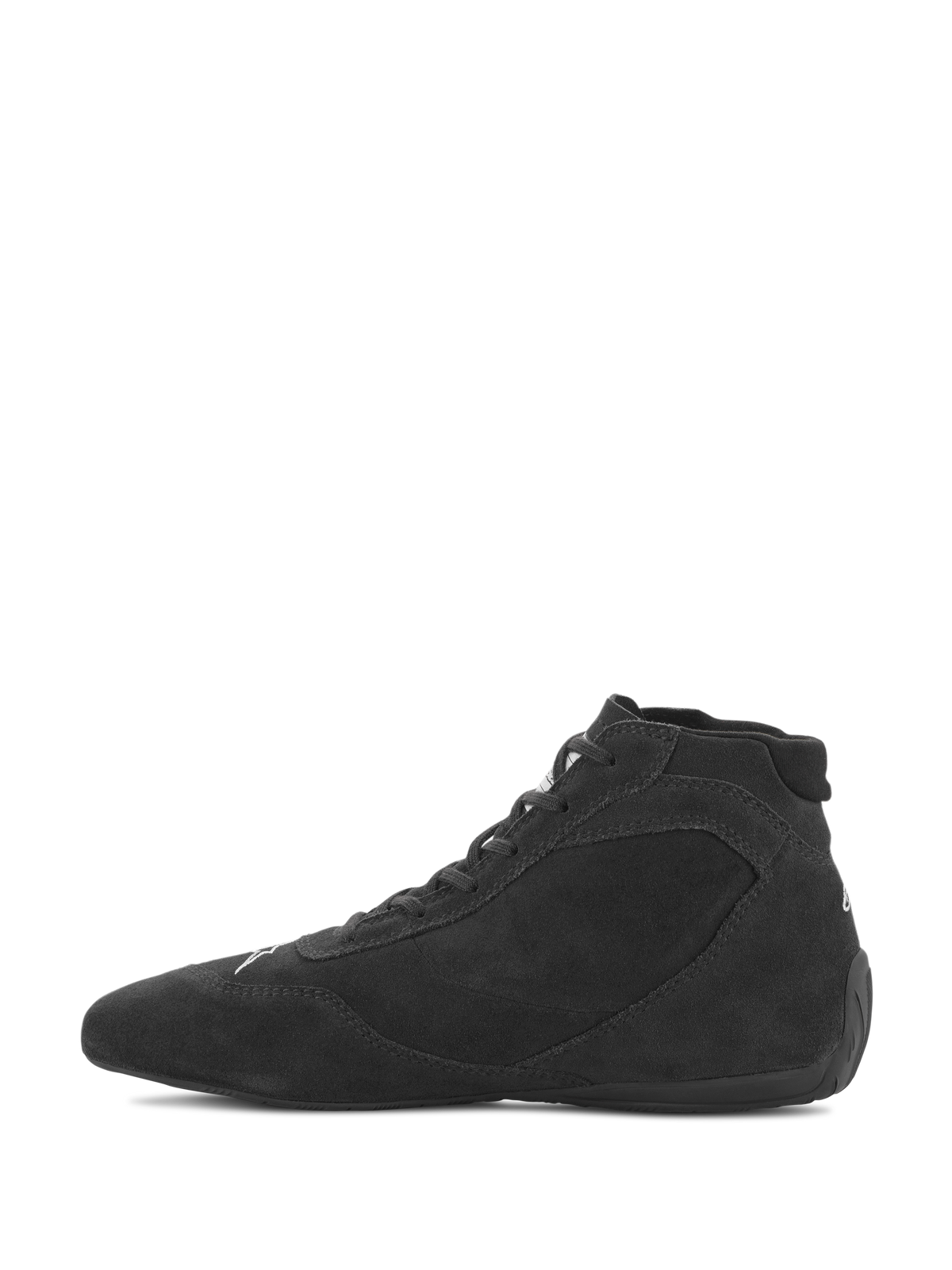 Alpinestars SP V2 schoenen, autoraceschoenen, zwart, slank hoog profiel met een bovenwerk van premium suède en een dunne rubberen zool, ontworpen voor een nauwkeurig pedaalgevoel in de autosport