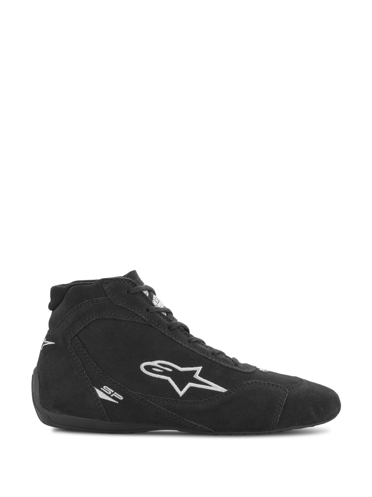 Alpinestars SP V2 schoenen, autosport schoeisel, zwart suède met wit Alpinestars sterlogo, hoog model, vetersluiting, ultradunne racezool, gestroomlijnd motorsportontwerp