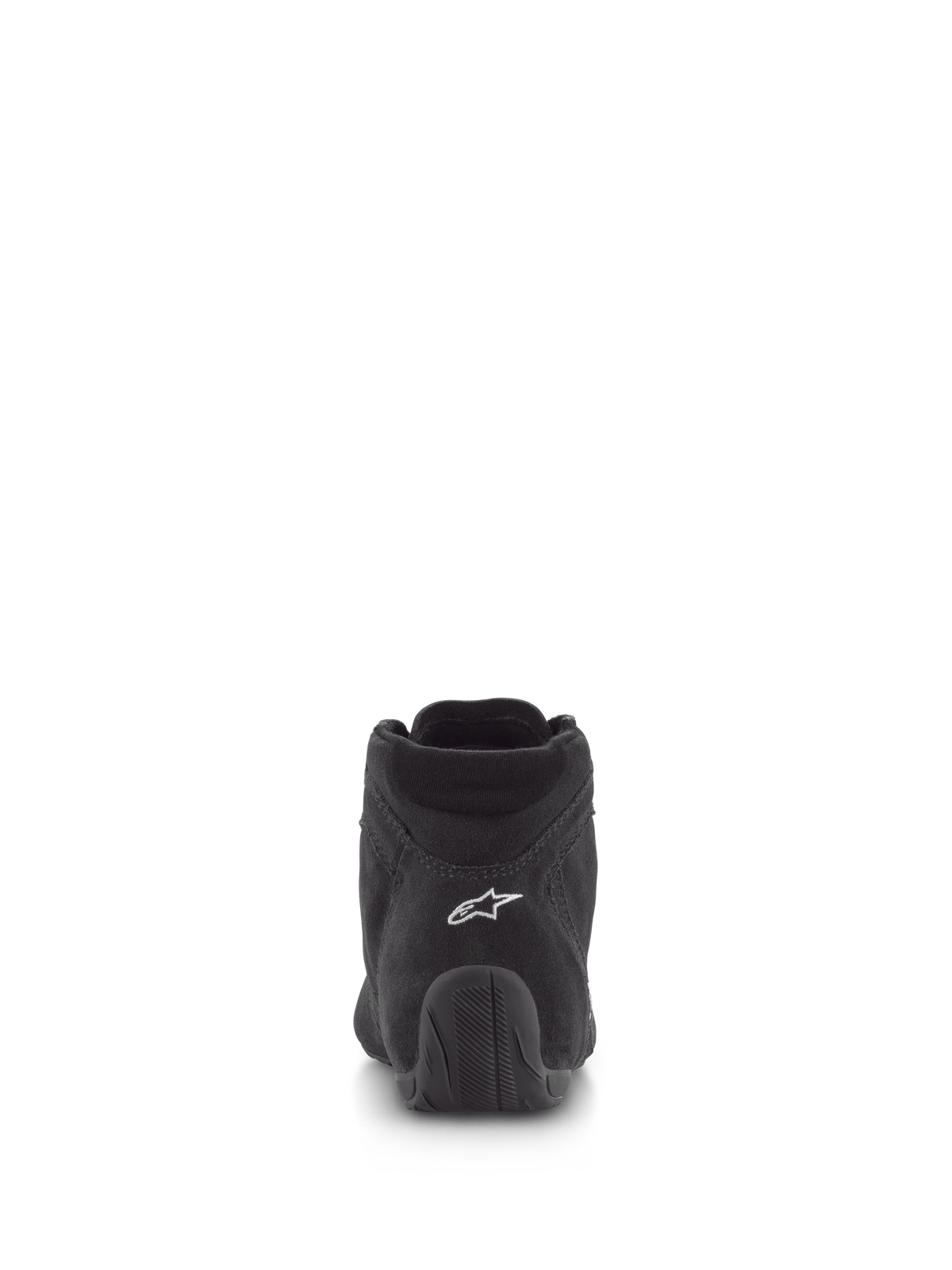 Alpinestars SP V2 schoenen, autosport schoenen, zwart, achteraanzicht met premium suède bovenwerk, wit logo op de hiel en een rubberen zool met textuur, professioneel motorsport schoeisel