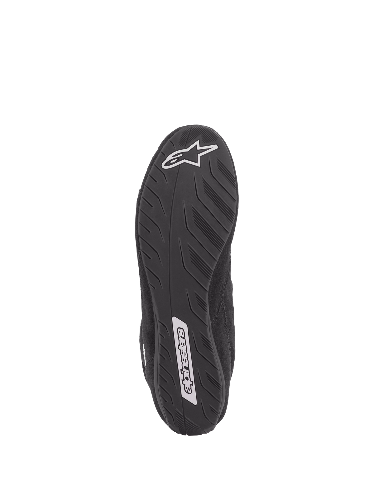 Alpinestars SP V2 schoenen, autosport schoenen, zwart, onderaanzicht van de ultradunne Formule 1-specificatiezool, getextureerde grip voor pedaalgevoel, voorzien van witte Alpinestars-logo's op de hiel en middenvoet