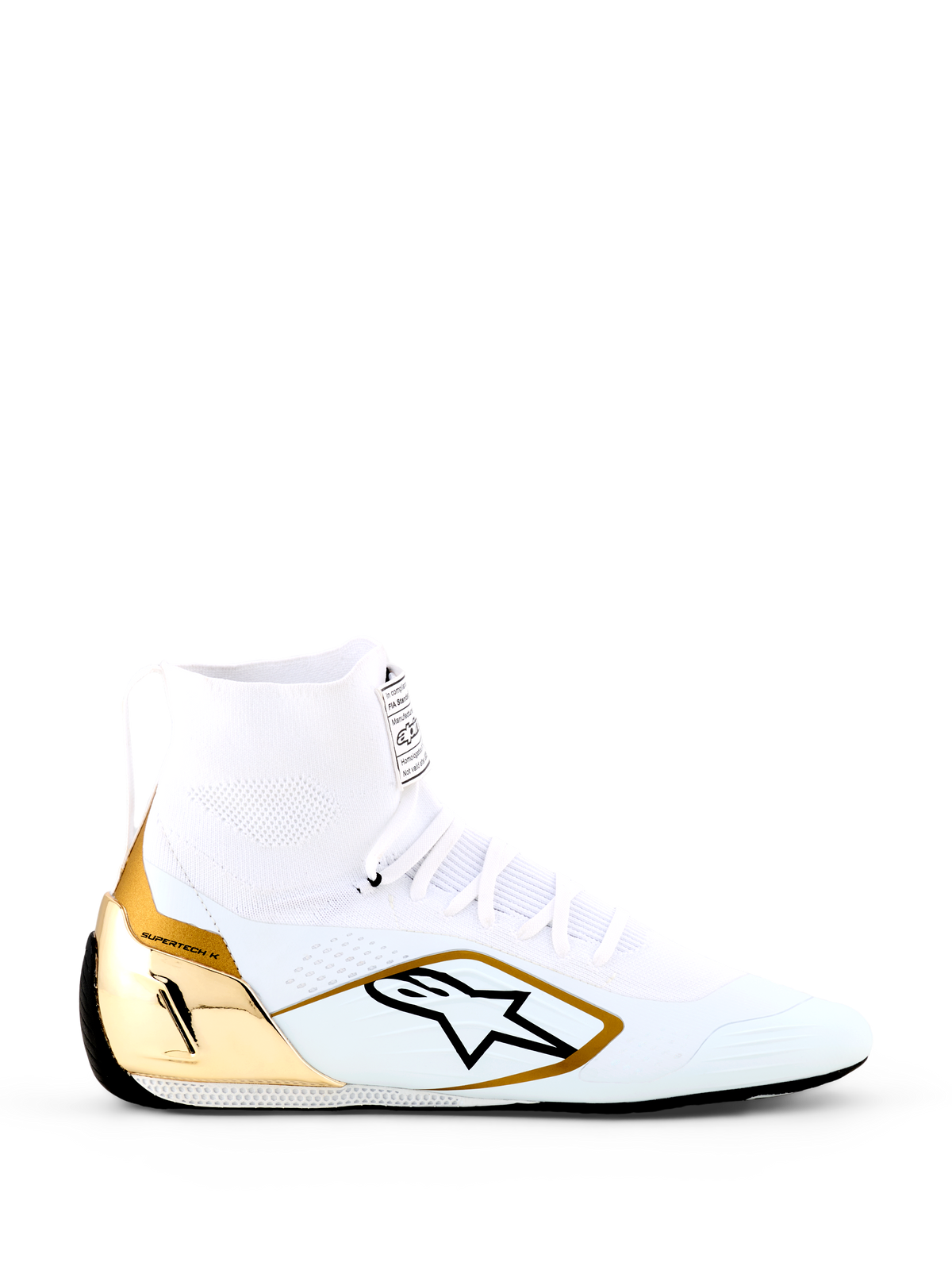 Alpinestars Supertech K Shoes - FIA, White and Gold Karting Shoes, high-top design with fully knitted upper, metallic gold TPU heel counter, black Alpinestars star logo, ultra-thin racing sole, professional FIA certified footwear