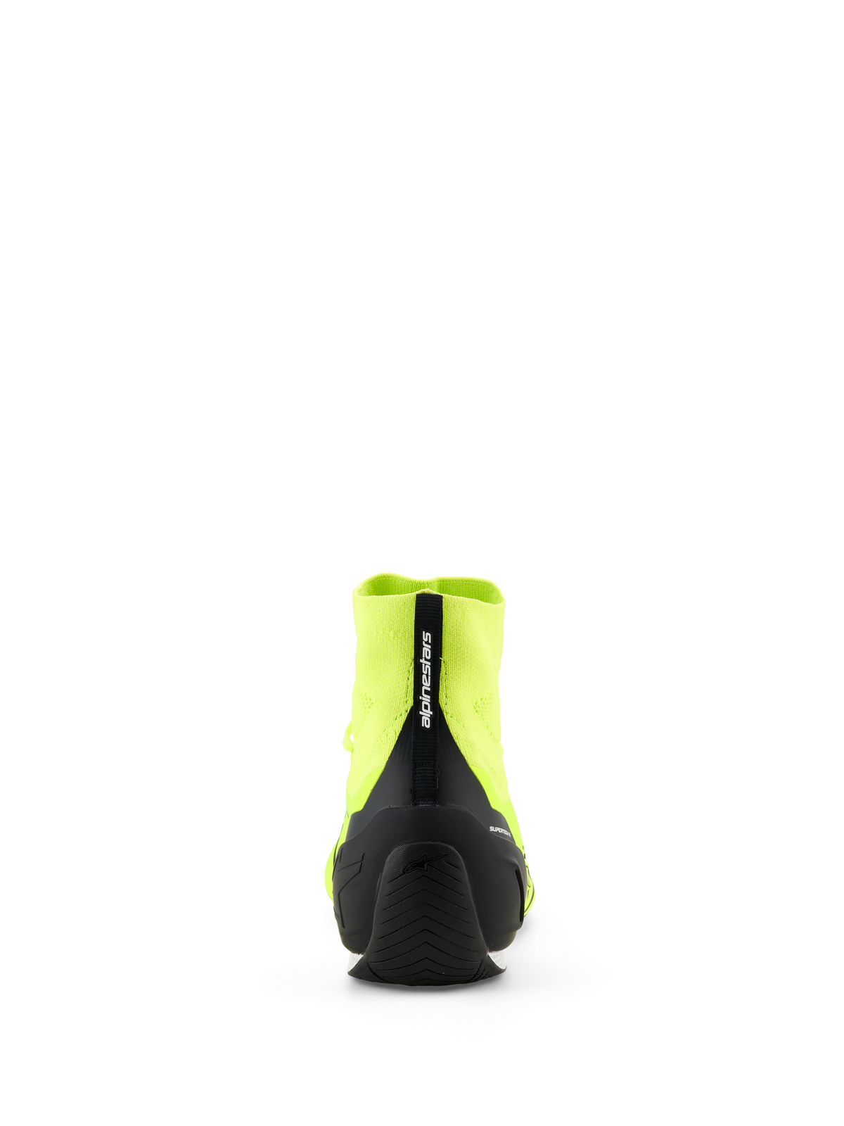 Alpinestars Supertech K-schoenen - FIA, karting raceschoenen, fluogeel en zwart, achteraanzicht met zwarte geïnjecteerde TPU-hielversterking en treklusje met Alpinestars-branding, gebreide bovenkant, dunne rubberen buitenzool ontworpen voor raceprestaties.