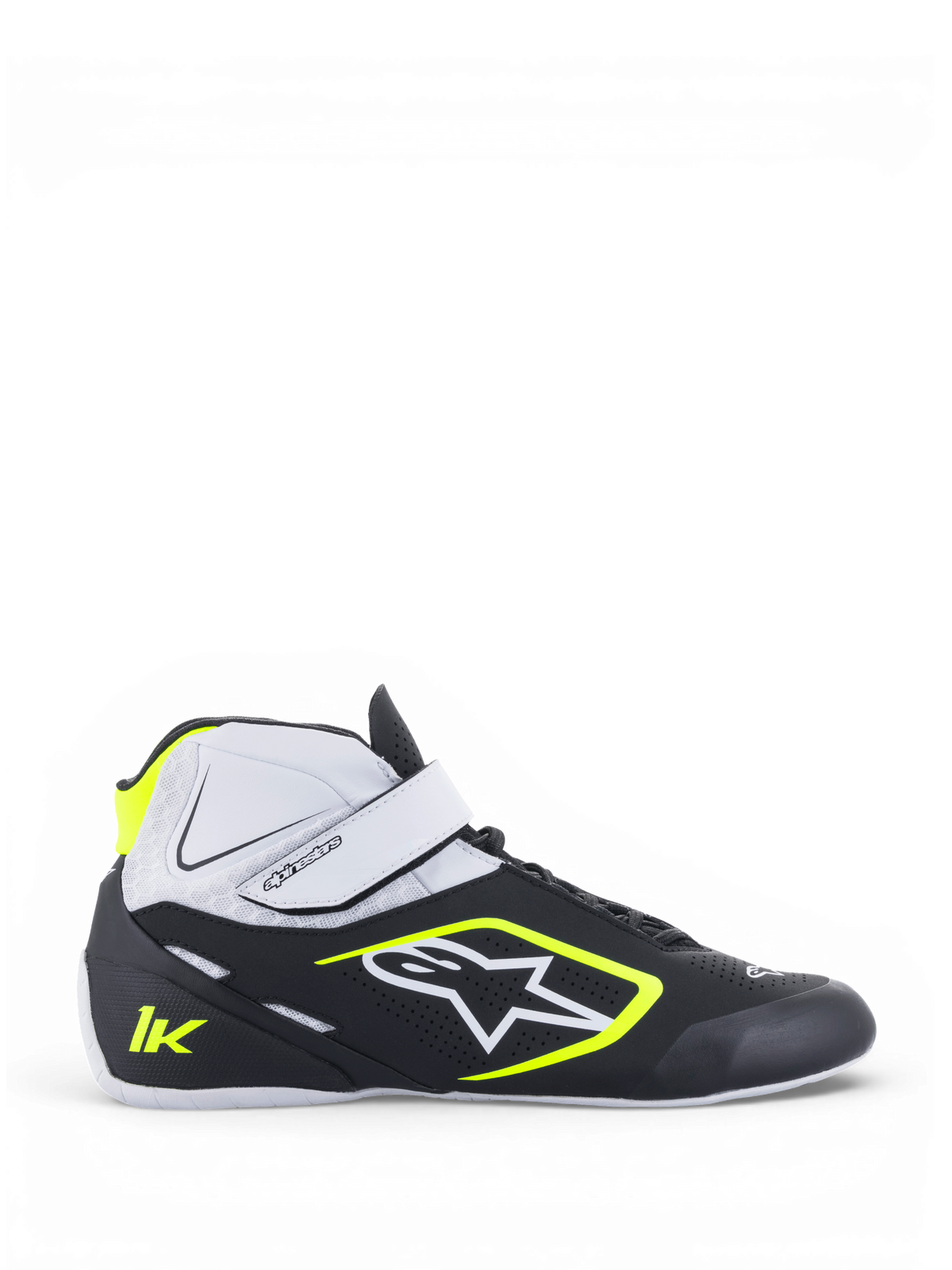 Alpinestars Tech-1 K V2 schoenen, heren kartschoenen, zwart, wit en geel fluo, lichtgewicht microvezel constructie met dubbel sluitsysteem, high-grip rubberen zool voor karting racing.