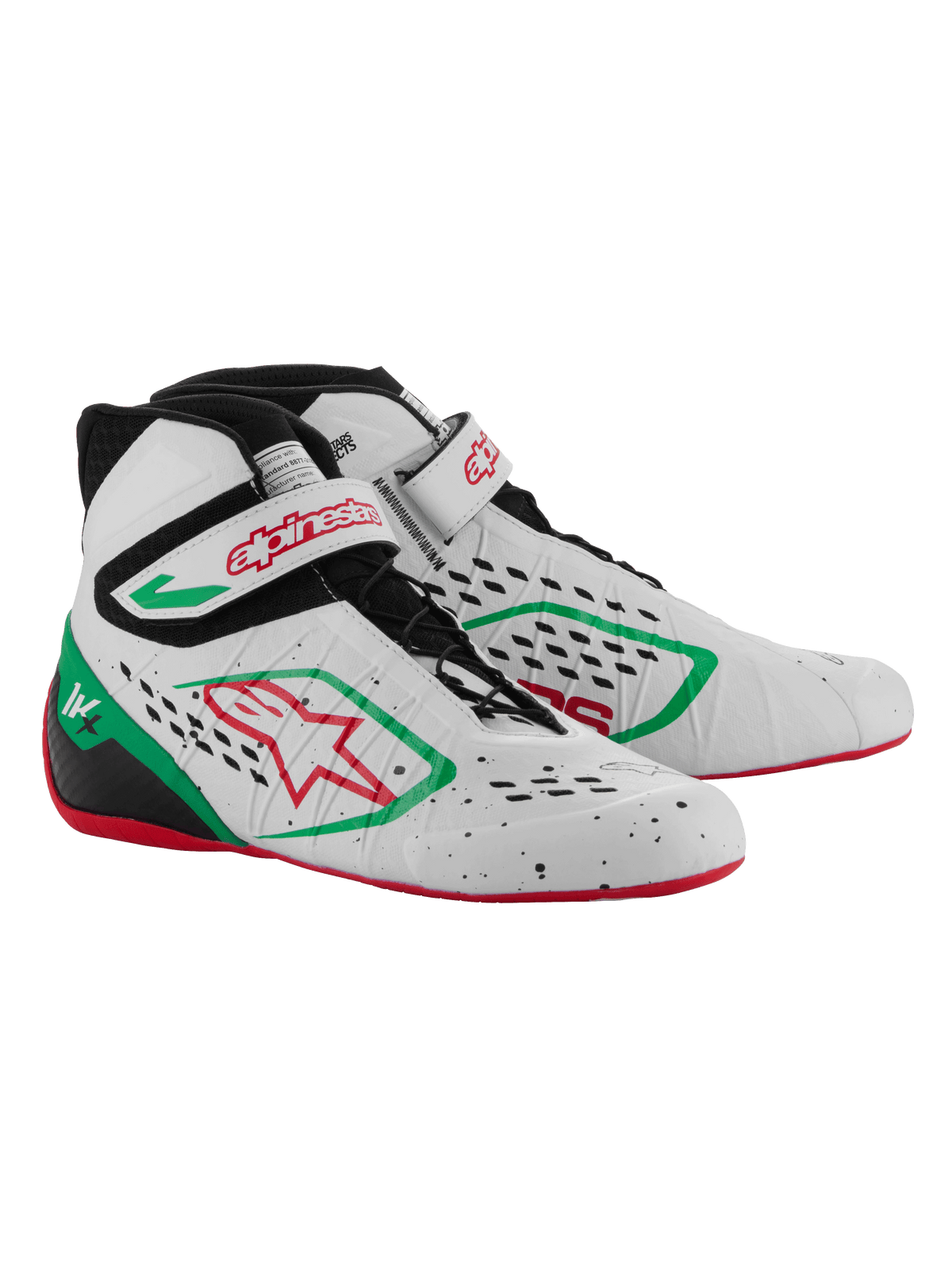 Alpinestars Tech-1 KX V3 Karting Shoes, White Green and Red, featuring a seamless thermo-welded upper with laser-cut perforations, asymmetric lacing, velcro strap with red branding, and a thin red rubber sole