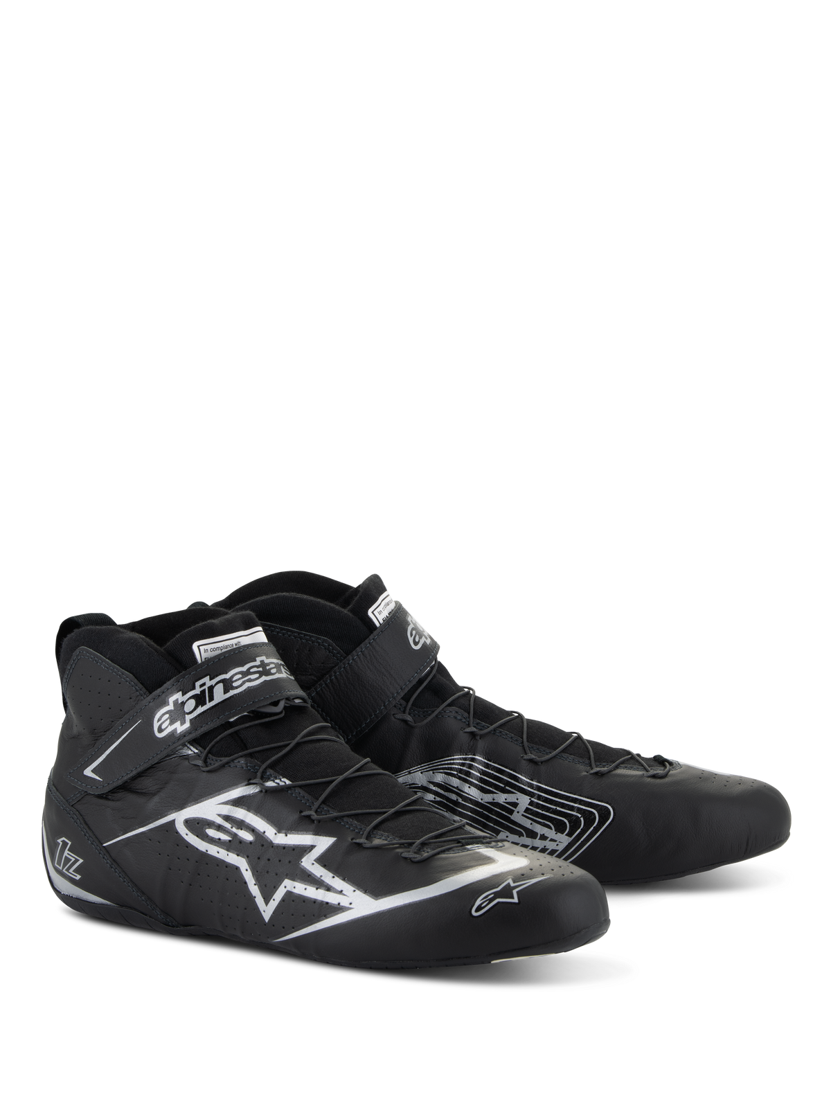 Alpinestars Tech-1 Z V3 FIA-schoenen, autoraceschoeisel, zwart en zilver, hoogwaardig runderleer met zilveren Alpinestars-sterlogo, slank laag profiel met snelvetersysteem en klittenbandsluiting
