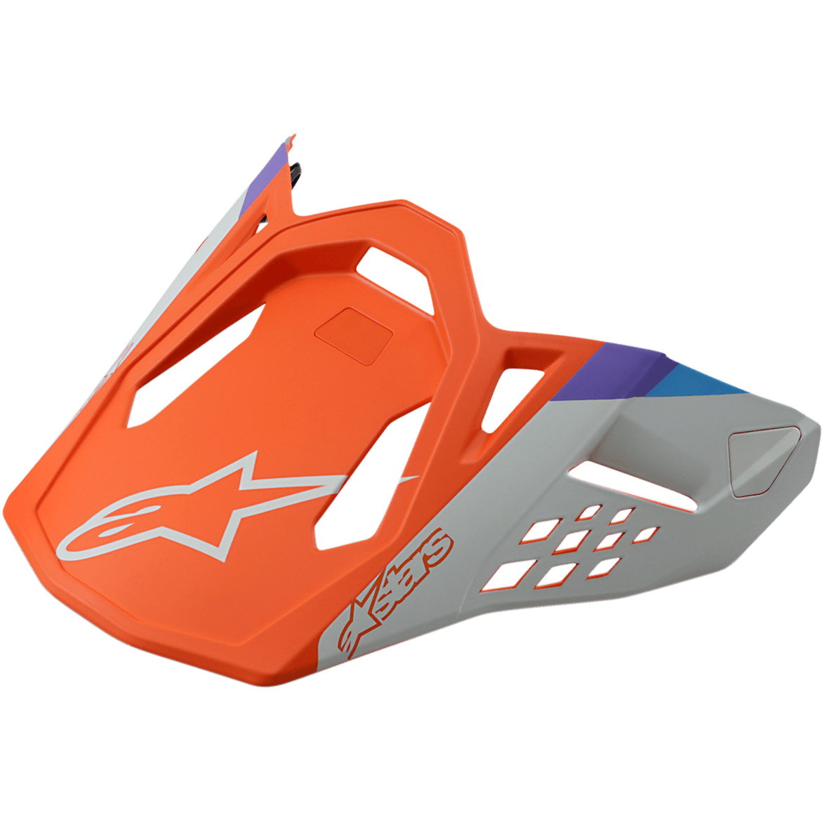 Alpinestars S-M8 Contact helmvizier, vervangende klep voor crosshelm, mat oranje en grijs met blauwe en paarse accenten, hoekig ontwerp met ventilatieopeningen, voorzien van wit sterlogo en Astars-belettering