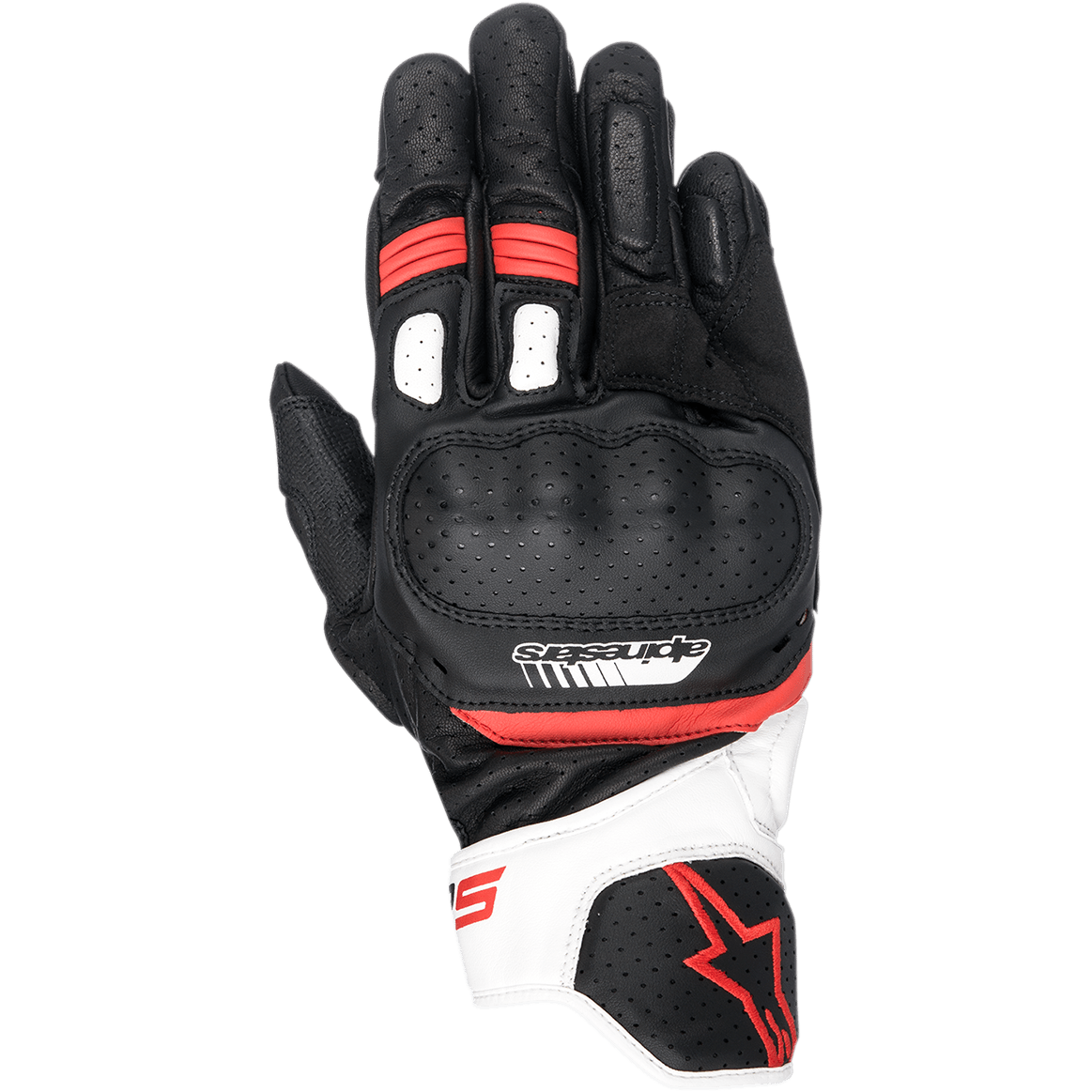 Alpinestars SP-5 handschoenen, motorracinghandschoenen, zwart, wit en rood, voorzien van geperforeerde lederen knokkelbescherming, korte manchet met witte en rode accenten, Alpinestars logo branding, ergonomisch sportief rijontwerp