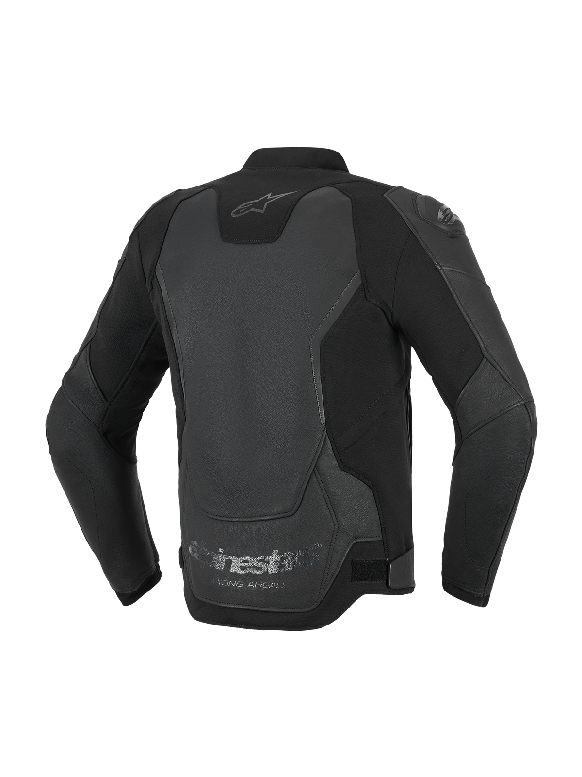 Alpinestars GP Force V2 Leren Jas, motorjas, zwart, achteraanzicht met focus op de meerpanelige leer- en textielconstructie, met het Alpinestars-logo in de nek en 'Racing Ahead' branding op de onderste zoom.