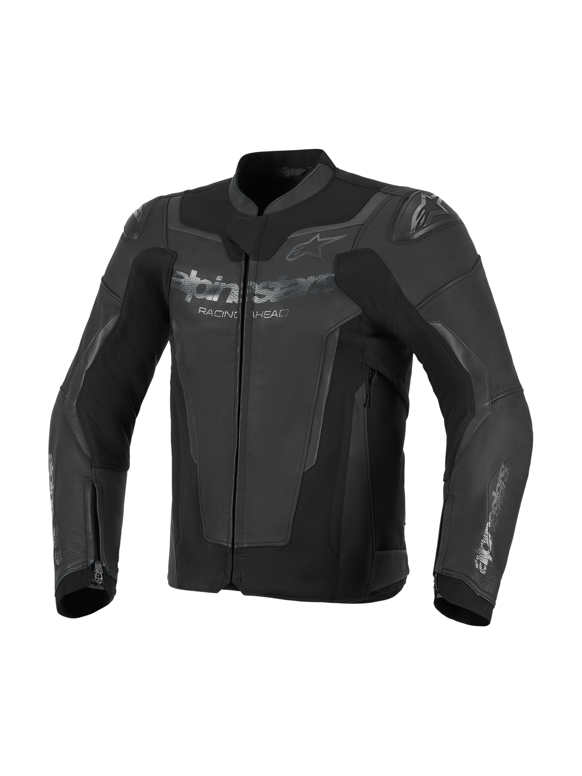 Alpinestars GP Force V2 leren jas, zwart, premium rundleer constructie met high-stretch panelen, voorzien van geïntegreerde GP Lite Evo DFS schouderbeschermers en Alpinestars-logo's op de borst en mouwen, sportieve motorrijuitrusting