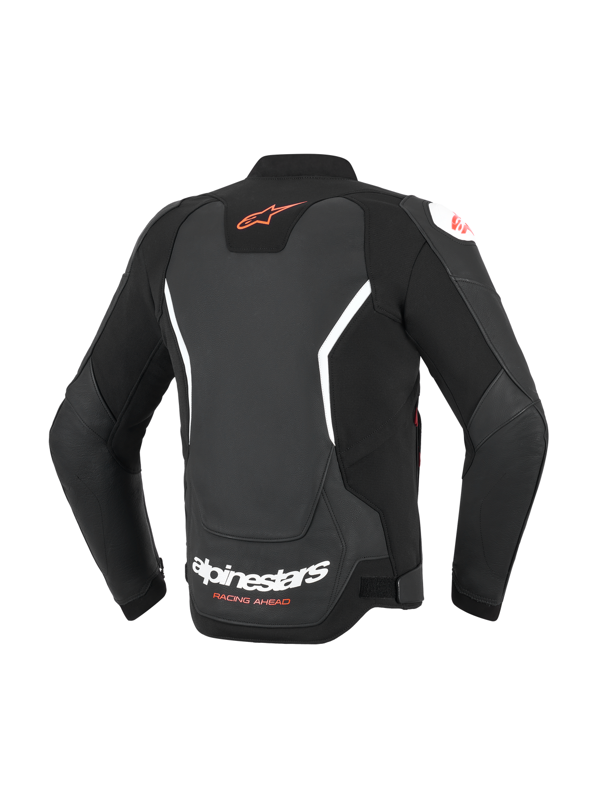 Alpinestars GP Force V2 Leren Jas, zwart met witte en rode accenten, achteraanzicht met rood Astar-logo op de bovenrug en witte Alpinestars-branding op de onderrug, sportieve leren motorjas met accordeon stretchpanelen.