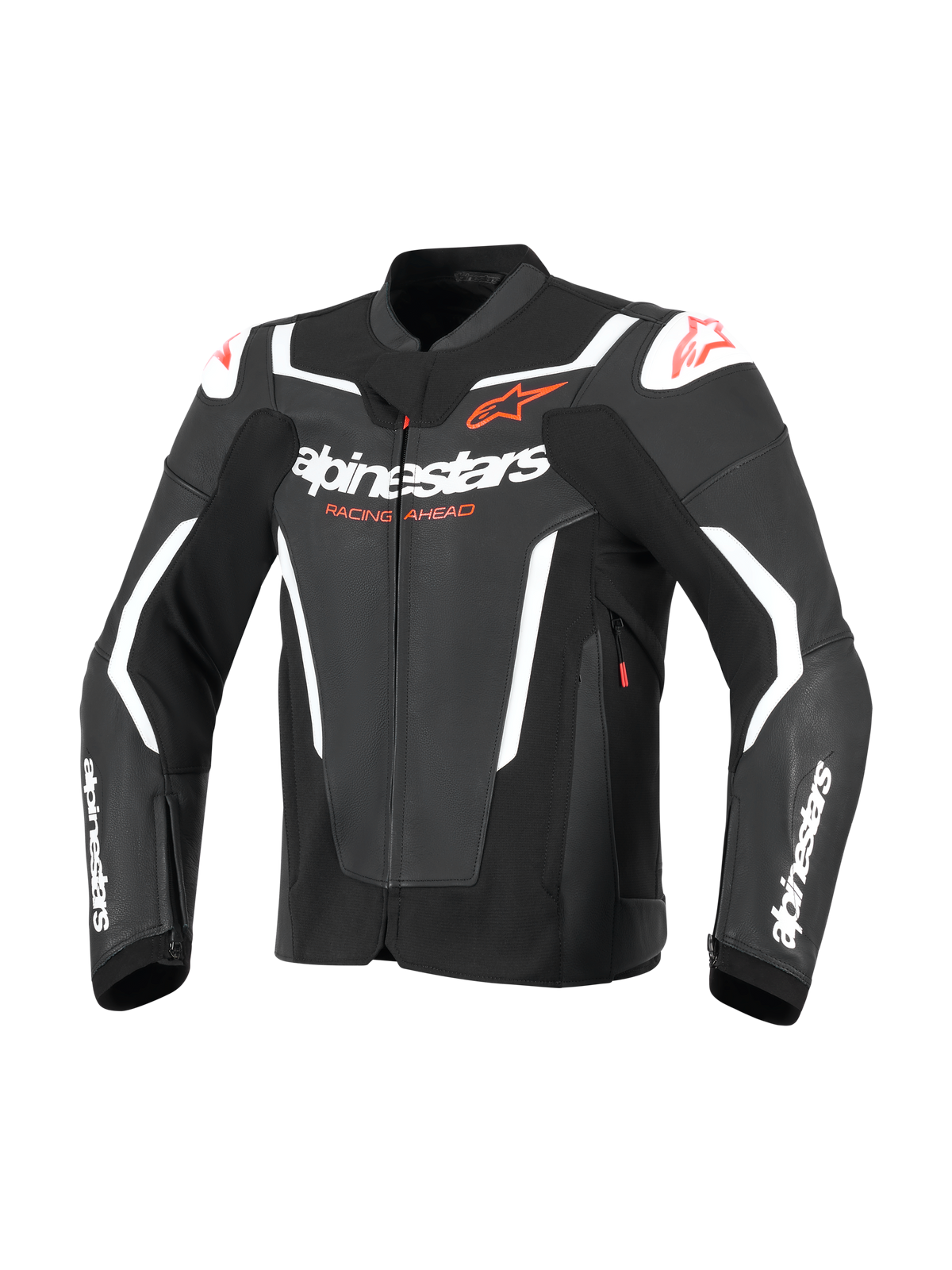 Alpinestars GP Force V2 Leren Jas, sportieve motorjas, zwart en wit, met opvallende witte Alpinestars-branding op de borst en mouwen, rode ster-logo's en externe schoudersliders, professioneel race-geïnspireerd lederen ontwerp.
