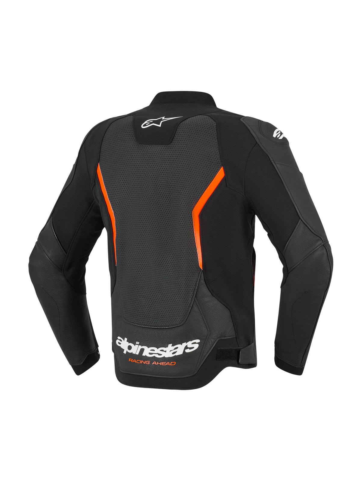 Alpinestars GP Force V2 Air Leather Jacket, Rear View, Black and Red Fluo, featuring a large perforated back panel for airflow, white Alpinestars logo and 'Racing Ahead' text on the lower back, and ergonomic pre-curved sleeves.