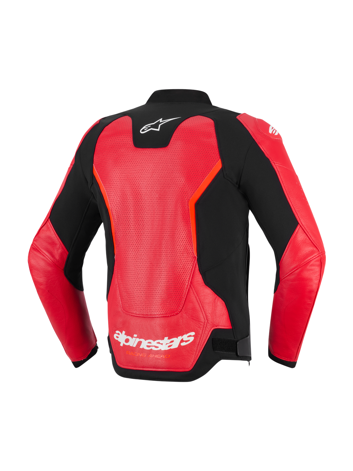 Alpinestars GP Force V2 Air Leather Jacket, Back View, Red and Black, featuring a large perforated leather panel for ventilation, white Alpinestars logo on the neck and lower back, sleek sport design for motorcycle road riding
