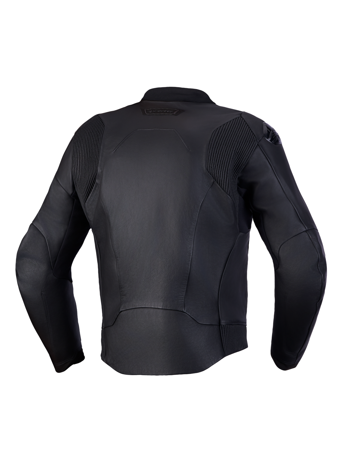 Alpinestars Caliber V 2 leren jas, CE-gecertificeerde sportieve motorjas, achteraanzicht met leren accordeon stretchpanelen op de schouders en taille, zwart